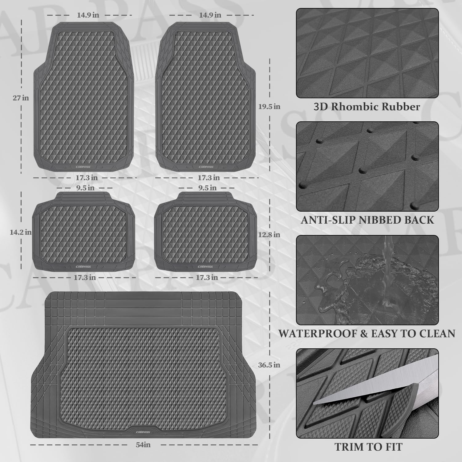 CAR PASS Gray Rubber Car Floor Mats & Cargo Liners, Durable Anti-Slip 3D Rhombus Waterproof Automotive Pad Trim Fit Liner All-We