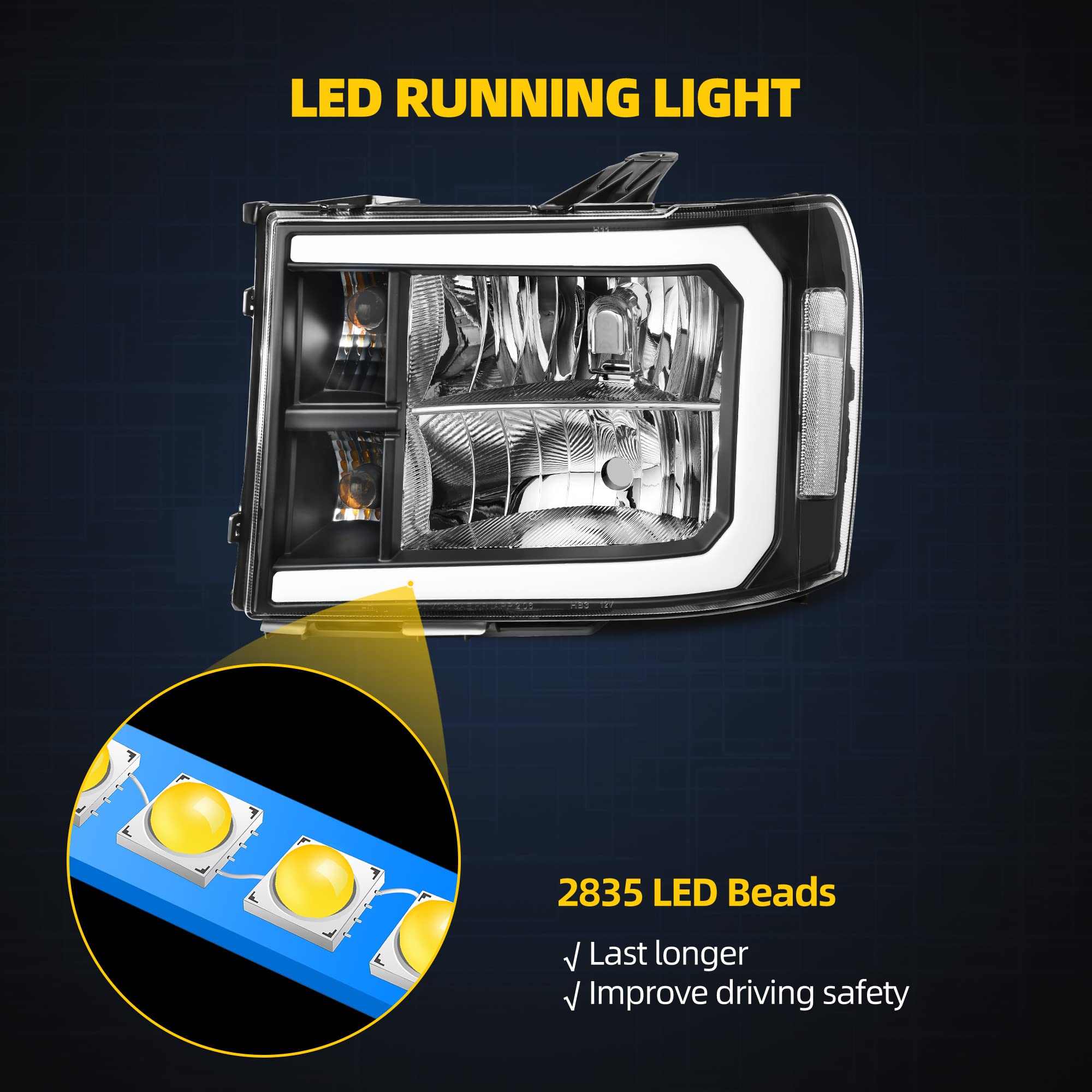 Dwvo Led Drl Headlight Assembly Compatible With 2007-2013 Gmc Sierra 1500/2007-2014 Gmc Sierra 2500 Hd/Sierra 3500 Hd (Not Fit C