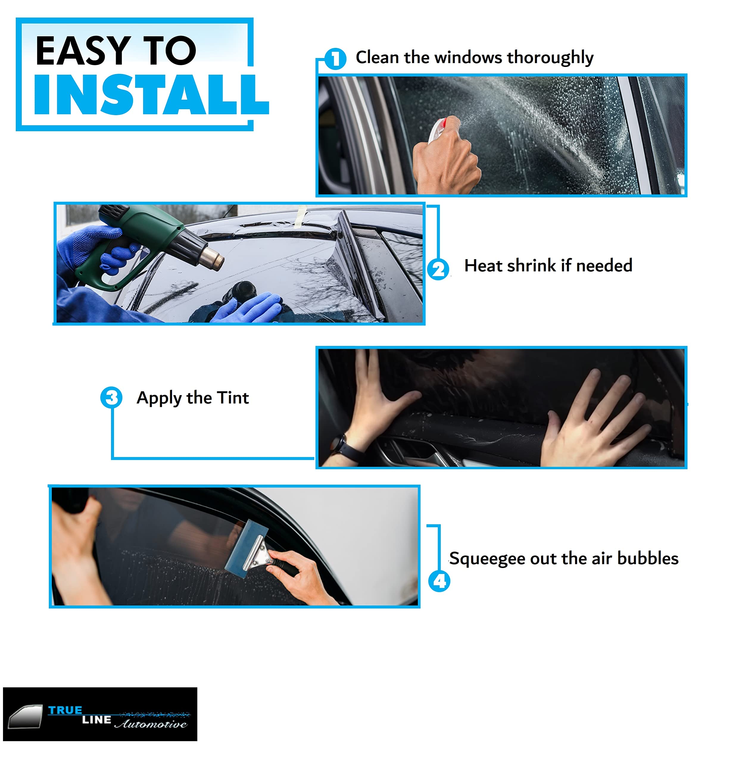 TRUE LINE Automotive DIY Car Window Tinting Kit - Custom Shades 5%-50% - Precut Black Tint Blocks 99% UV Rays for All Windows