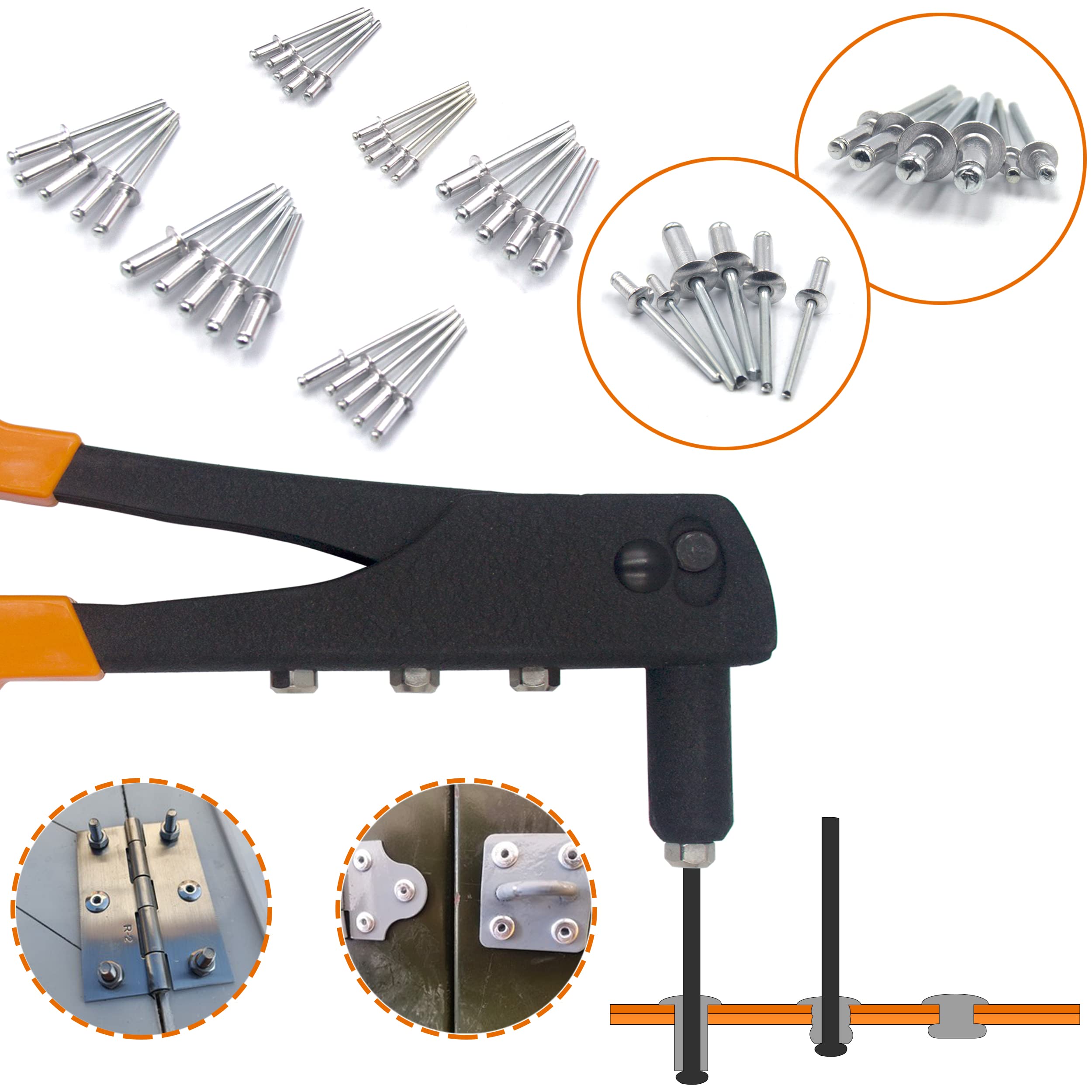 ISPINNER 225pcs Aluminum Blind Rivets Assortment Kit with Heavy Duty Rivet Gun, RIVET-225, 6 Sizes