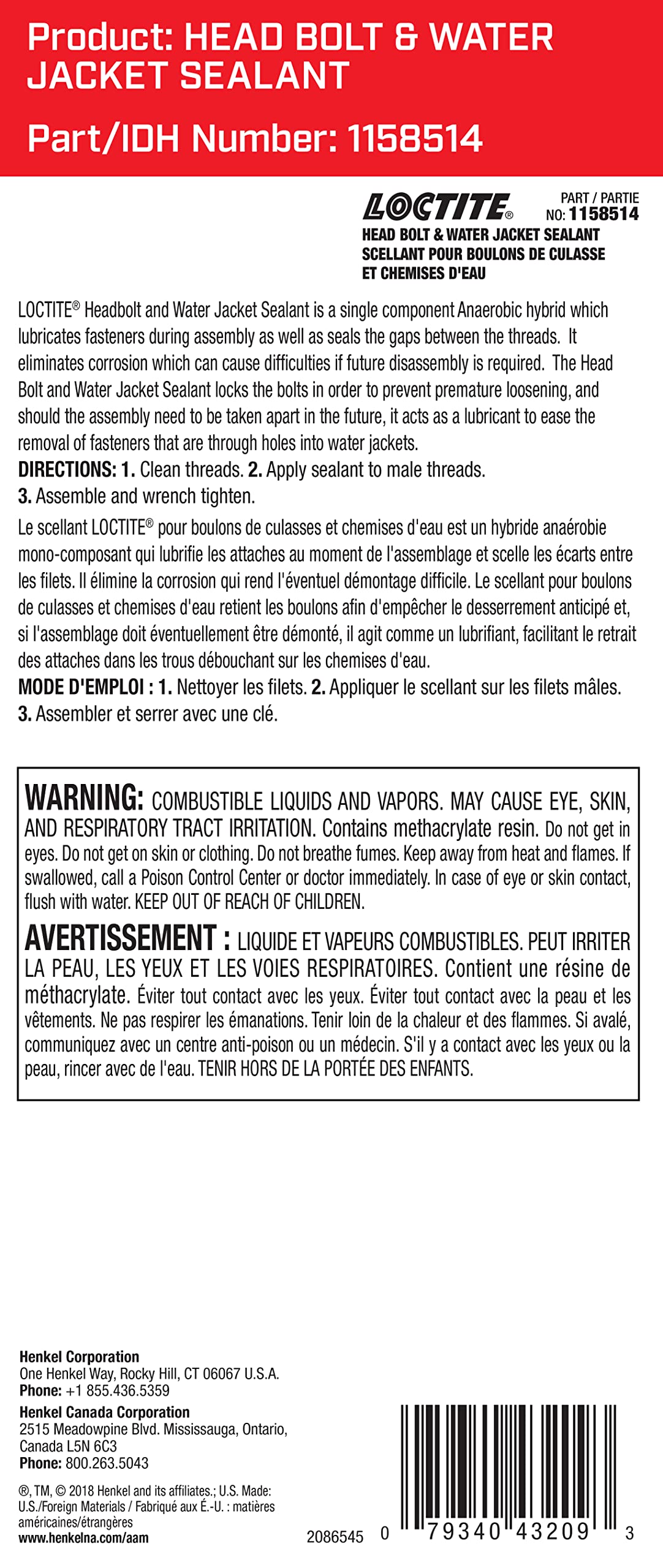 Loctite Head Bolt and Water Jacket Sealant, Anaerobic, 50ml, Red, Model 1158514