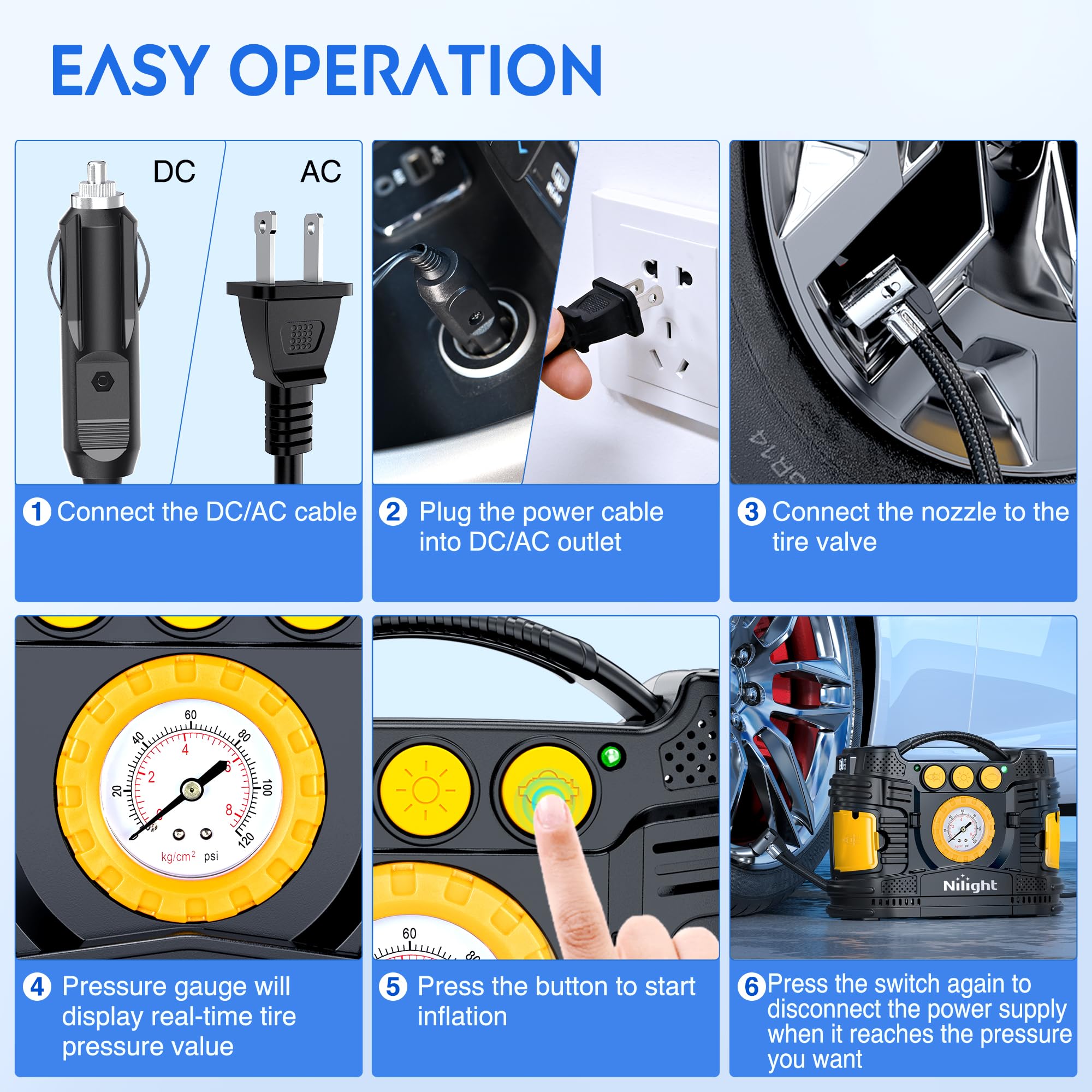Nilight Tire Inflator Portable Air Compressor Dual Power For Car 12V Dc Home 110V Ac Tire Pump W/Analog Pressure Gauge Fast Infl