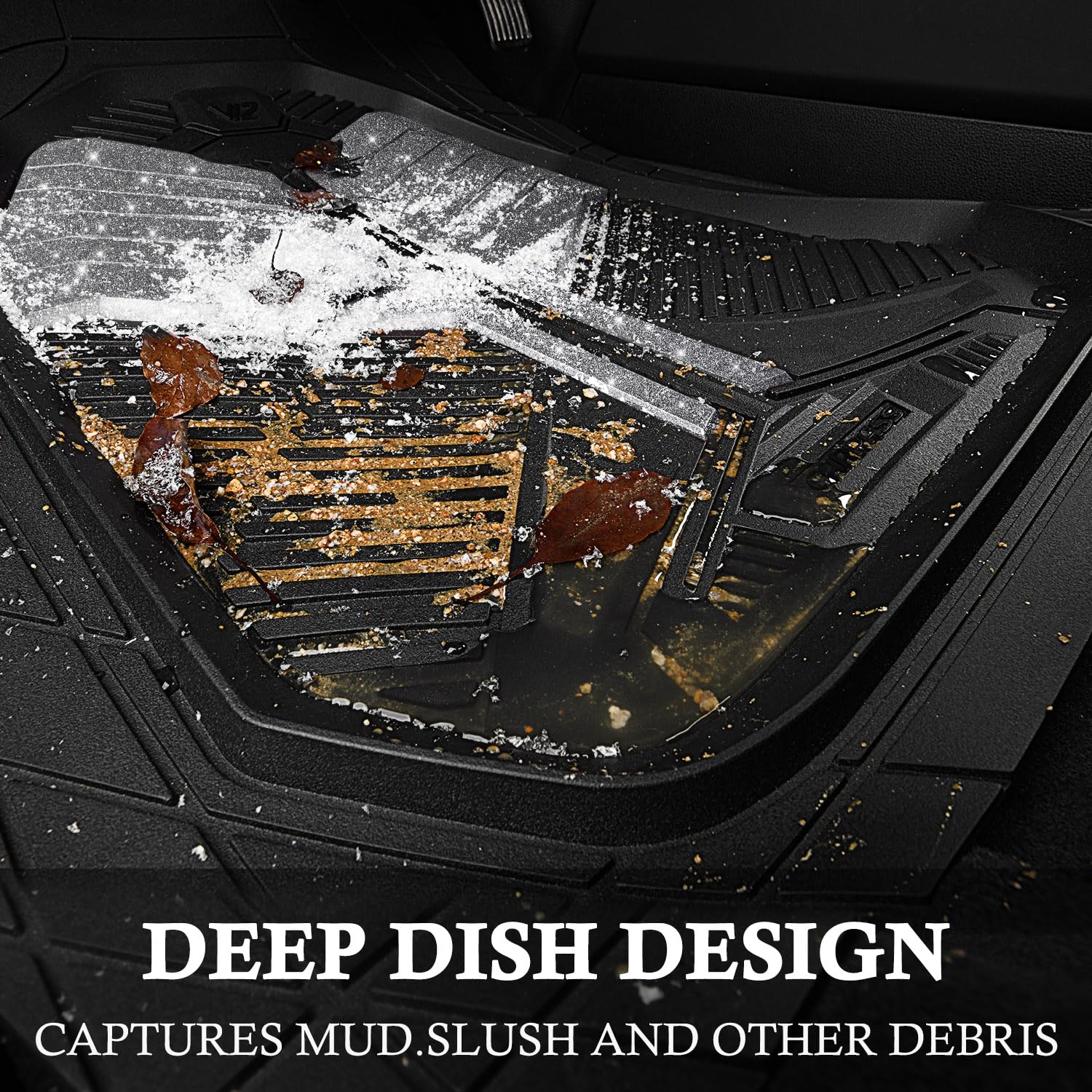 CAR PASS Heavy Duty Rubber Car Mats, All Weather 4-Piece Set, Waterproof Anti-Slip, Black and Silver Glitter