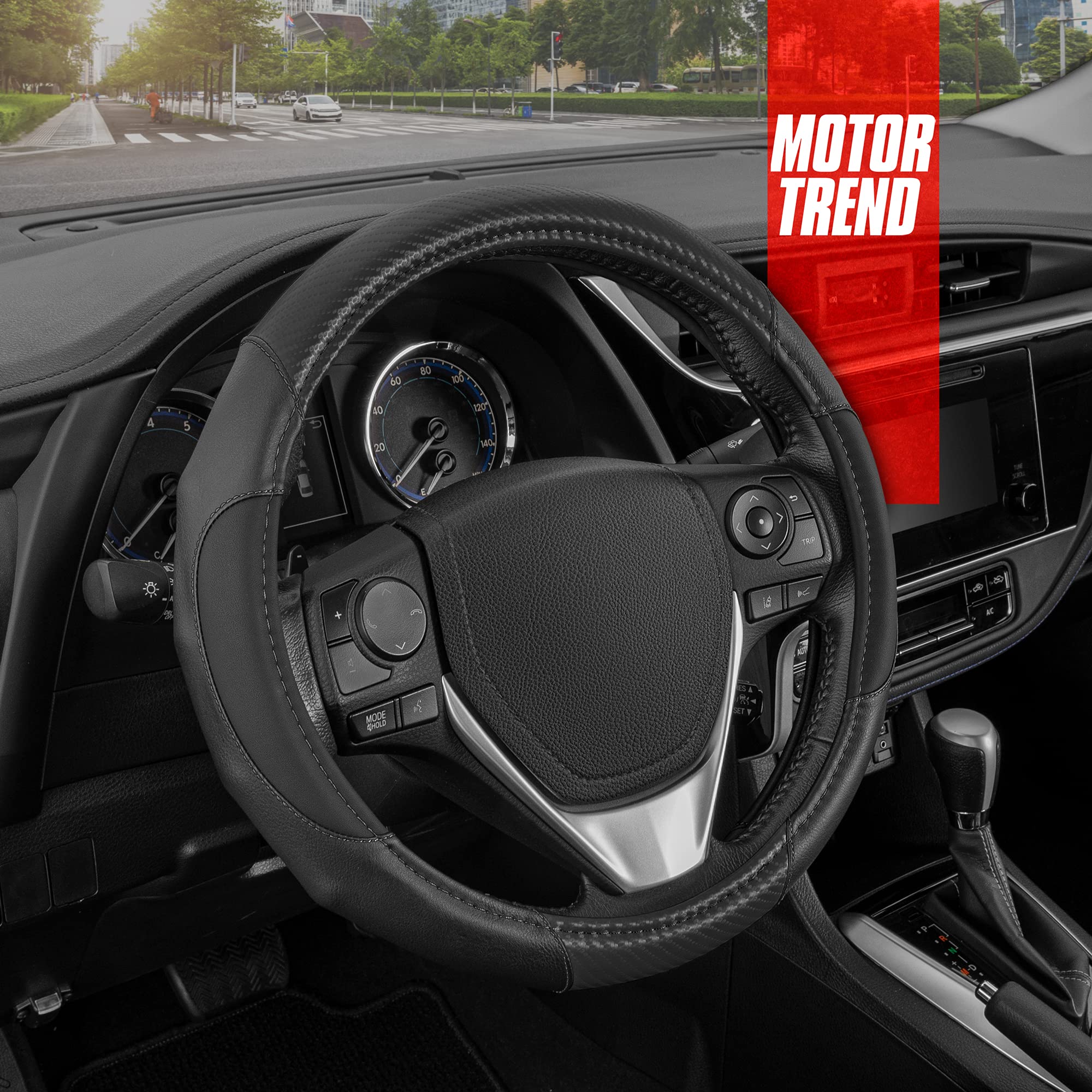 Motor Trend GripDrive Black Carbon Fiber Steering Wheel Cover, Standard 15 inch Size, Black Faux Leather Comfort Grip, Car Steer