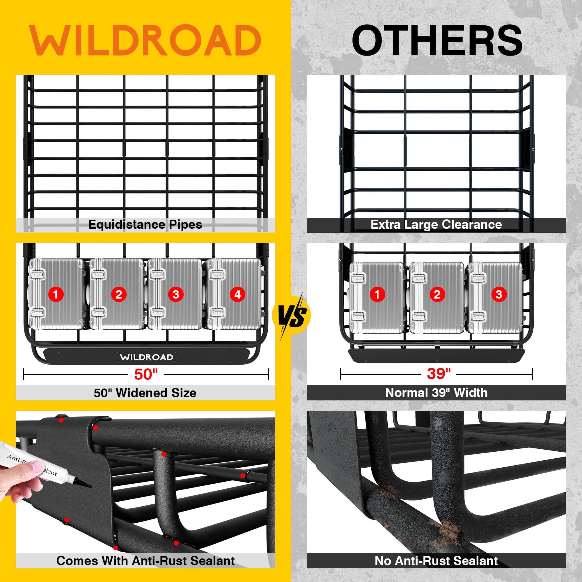 Wildroad Roof Rack Cargo Basket, 64" x 50" Alloy Steel Carrier with Bungee Net & Straps, Model WR-64+NET, Fits SUV/Truck