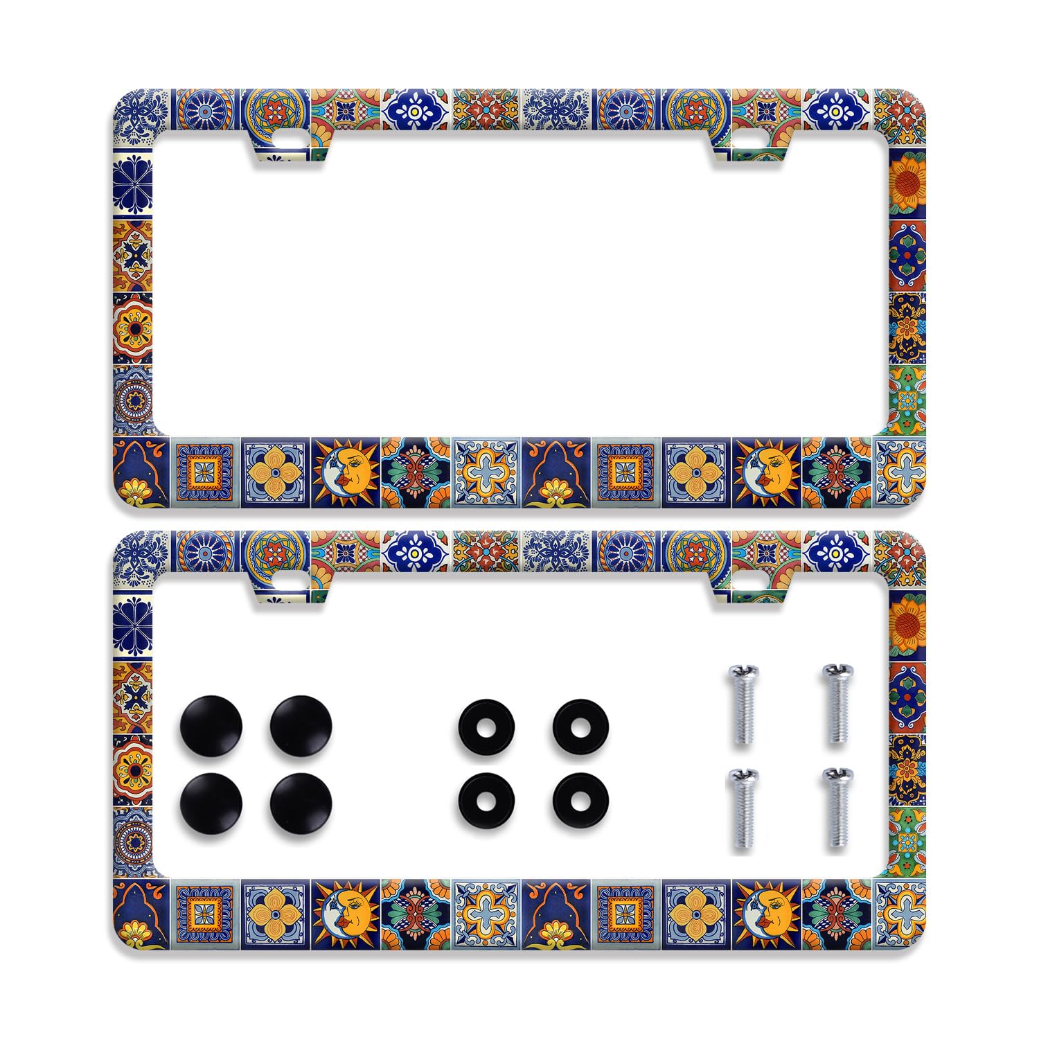 ?2Pcs? Mexican Tiles License Plate Frames Mandala Boho License Plate Frame Car Universal Stainless Steels Accessories Cars Decor