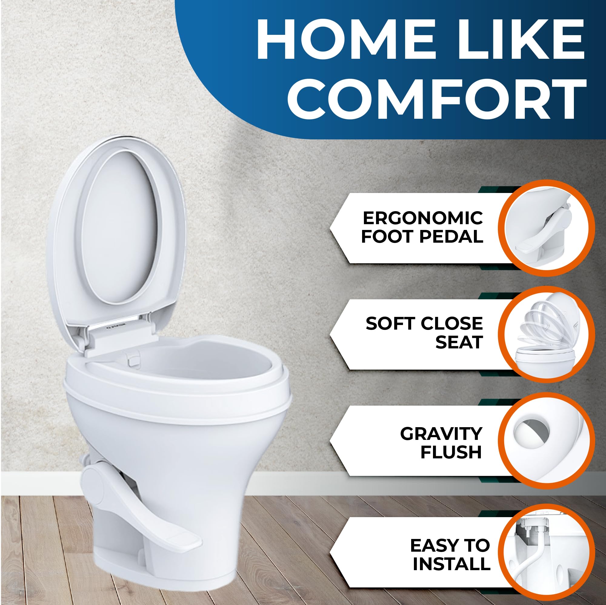 SEAFLO RV Toilet SFRTPH-01-01, White Polypropylene, Residential Height