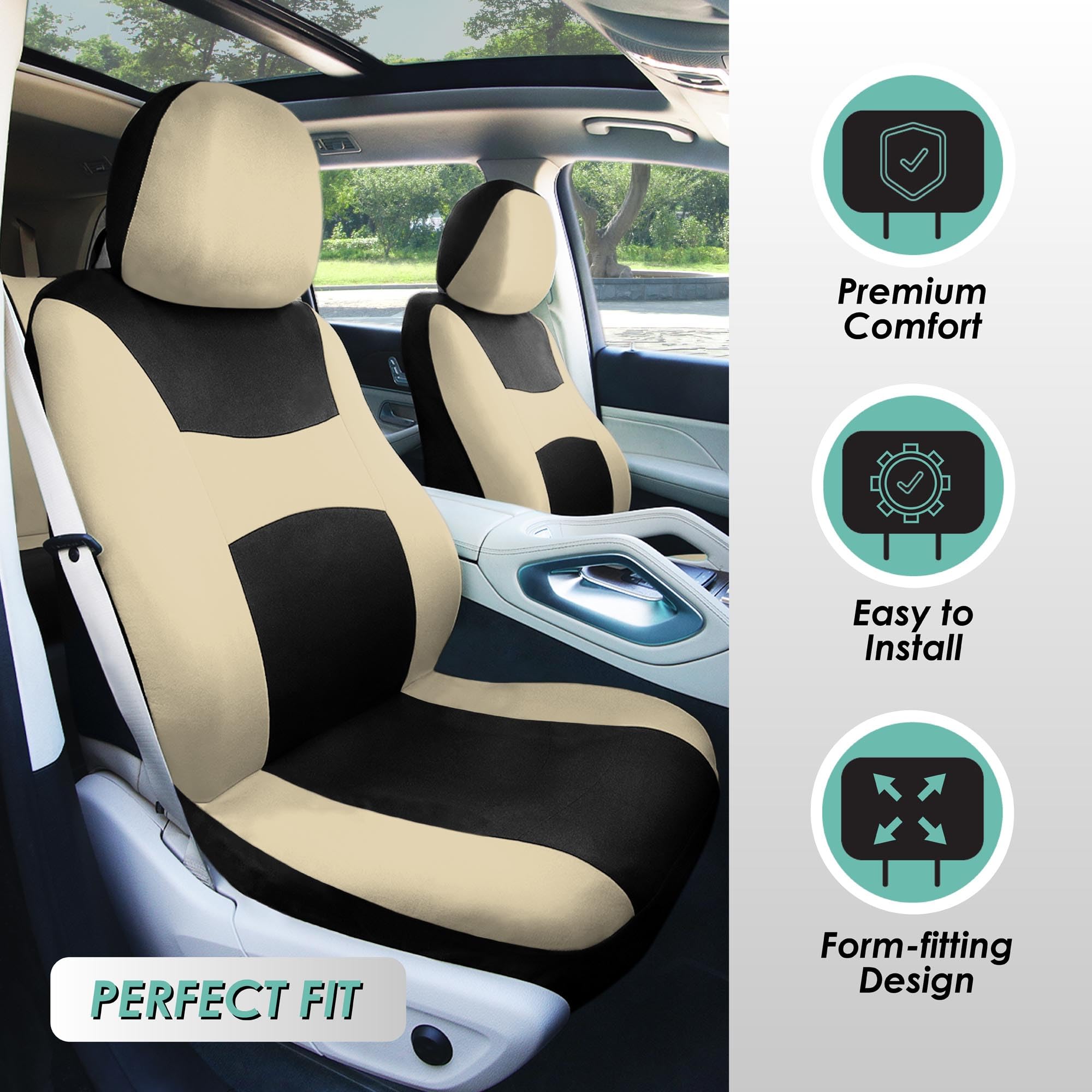 Automotive Seat Covers Beige Black Universal Fit Seat Cover Combo Set With Steering Wheel Cover And Seat Belt Pad (Airbag Compat