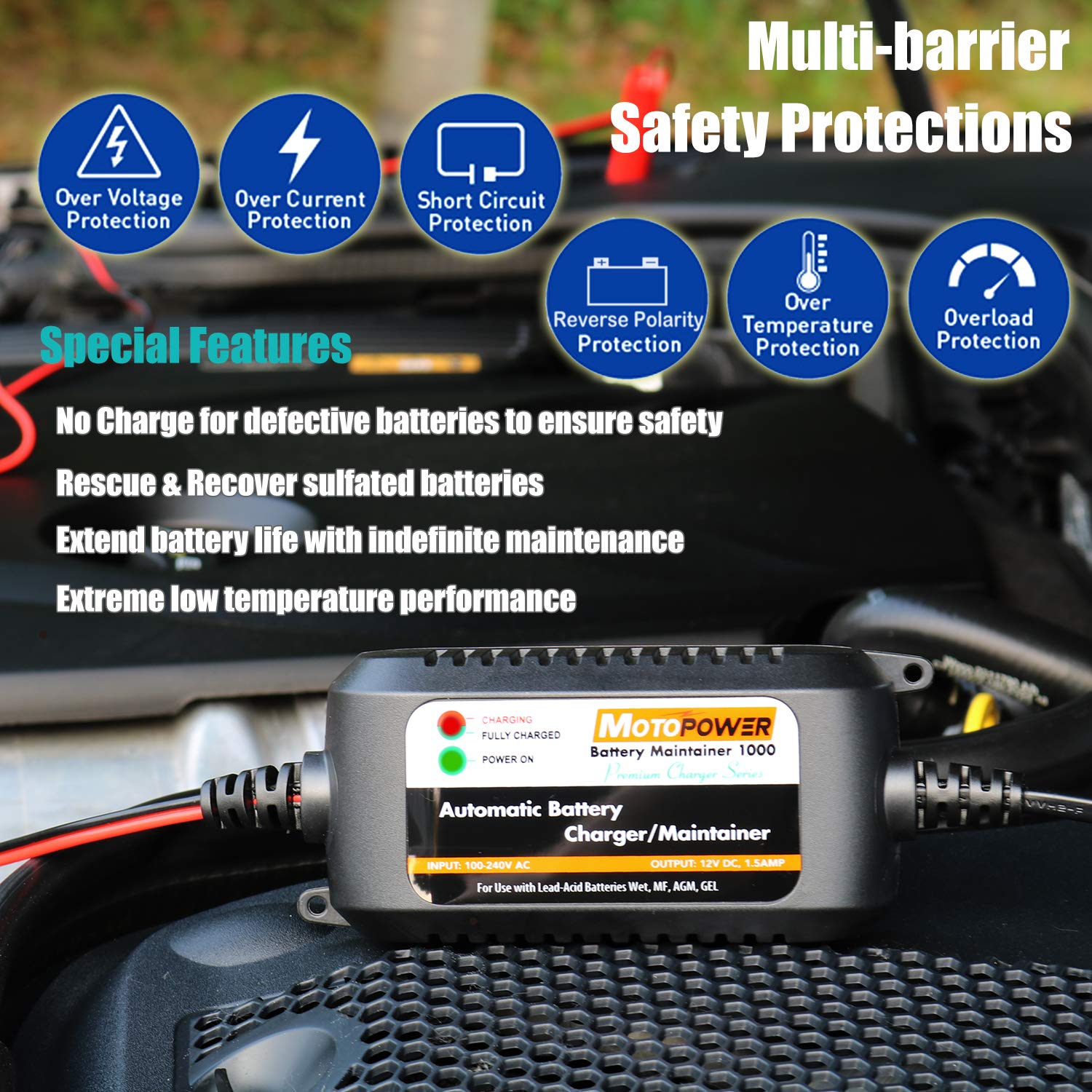 MOTOPOWER MP00206A 12V 1.5A Automatic Battery Charger & Maintainer for Cars, Motorcycles, RVs, ATVs, Boats - Smart & Eco-Friendly