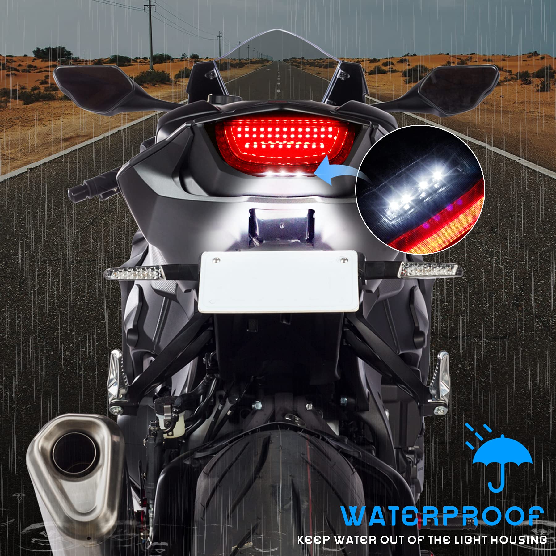 QUASCO Integrated Motorcycle Brake Tail Light & Turn Signals, Black/Blue/Orange, Compatible with Honda/Suzuki/Yamaha, ABS Material