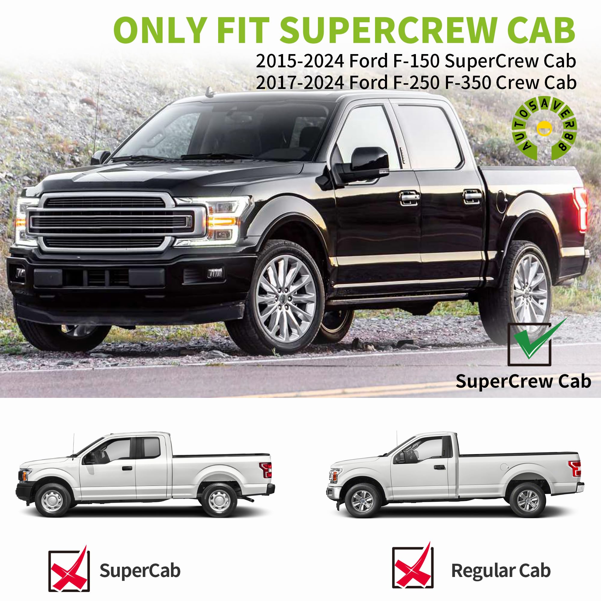 Running Boards Compatible With 2015-2025 Ford F-150 Supercrew Cab & 2017-2024 Ford F-250 F-350 Super Duty Crew Cab, 6 Inches Bla