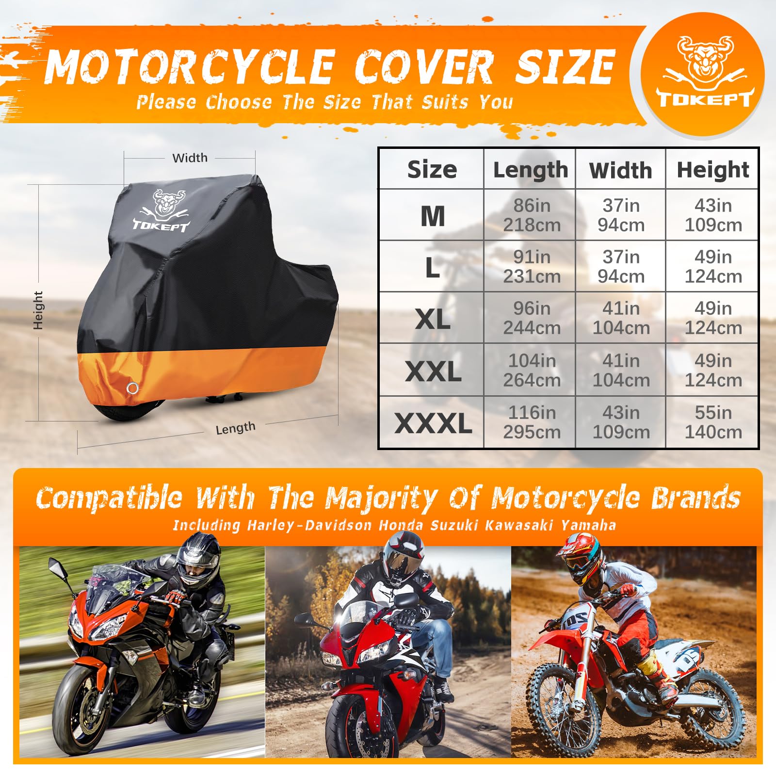 Tokept Motorcycle Cover, All-Season Waterproof Outdoor Sun Protection Fit Up To 91 Inch Harley-Davidson Honda Suzuki Kawasaki Ya
