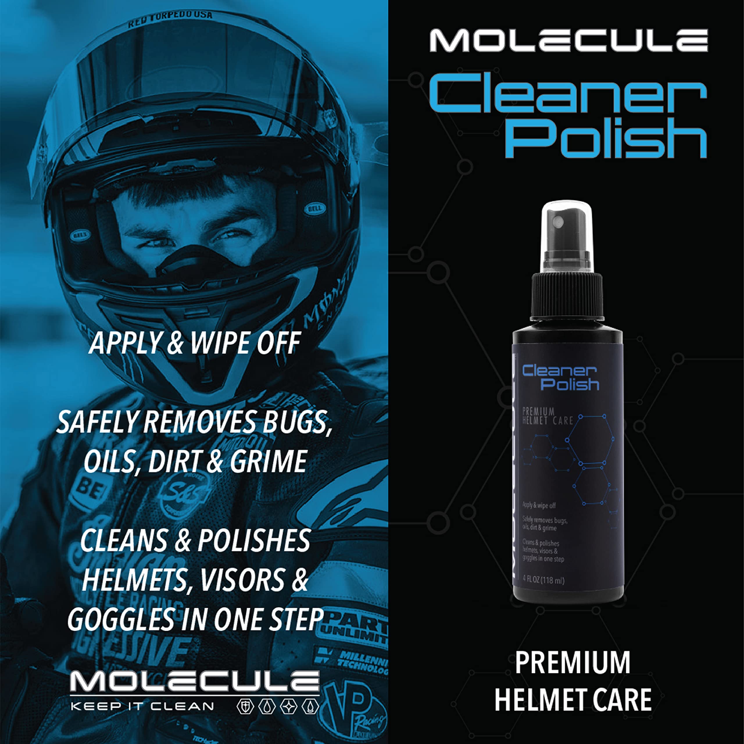 Molecule Premium Helmet Care Kit, Includes Anti-Fog, Cleaner Polish, Helmet Refresh, and Rain Repel, For Helmets, Visors, and Go