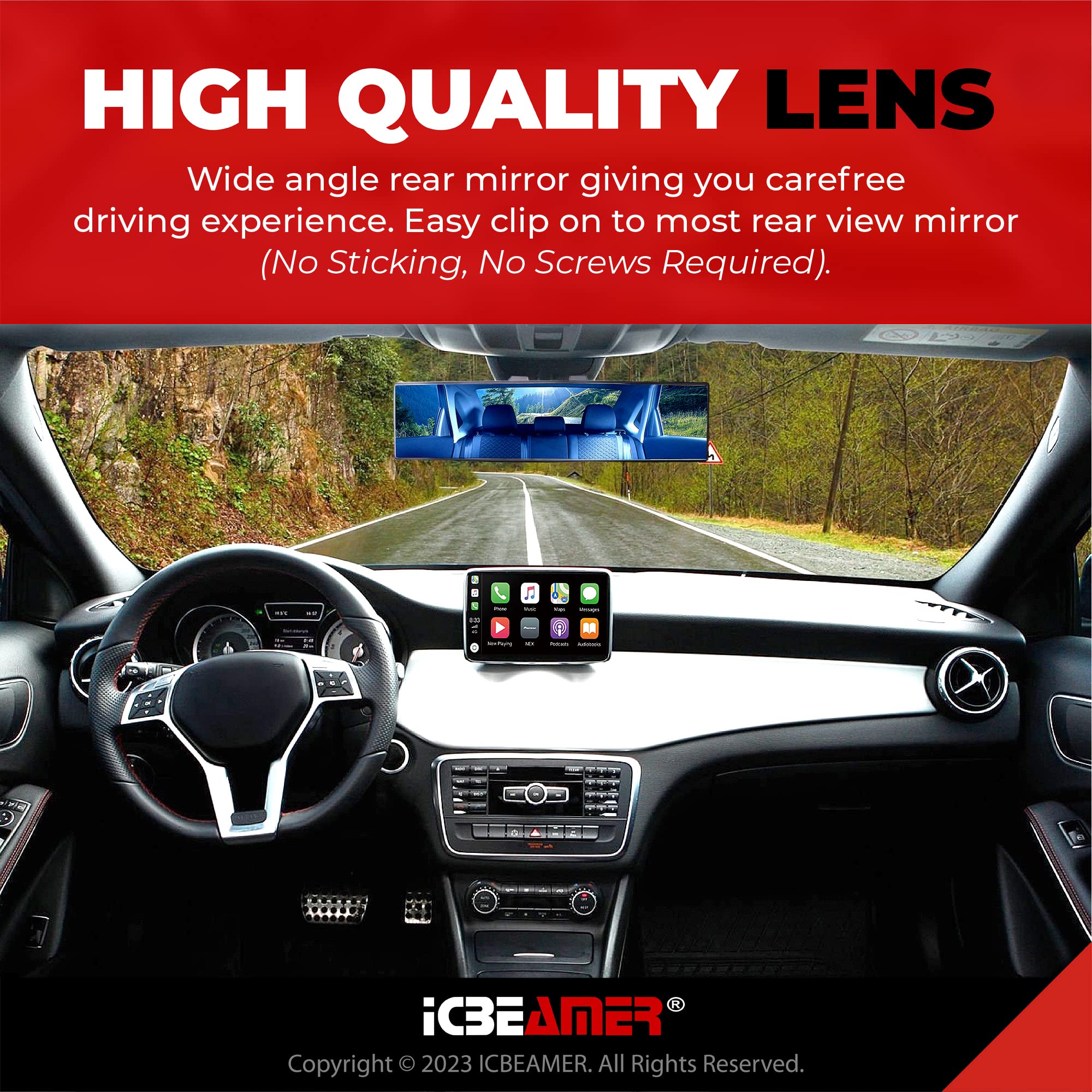 Icbeamer 14.2'' Car Rear View Mirror, Clear Blue Tint Convex Surface, 360Mm Panoramic Wide Angle Blindspot Mirror For Car,Rubber
