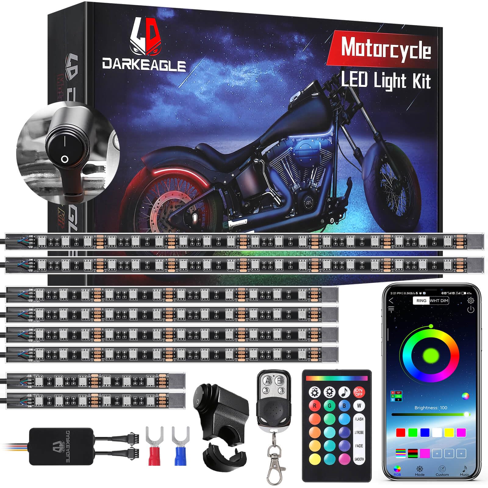 8PCS Motorcycle RGB LED Light Kit with Handlebar Switch Brake Turn Signal, Multicolor Underglow Lights with APP/RF Remote, Neon 