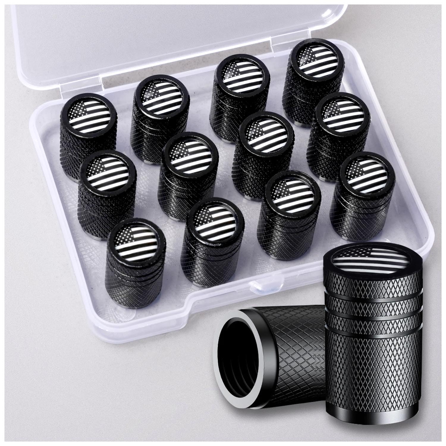 Muzioiernsu 12PCS American Flag Tire Valve Stem, Aluminum USA Caps Black, Universal Dust Proof Covers for Cars, Trucks, Bikes, M