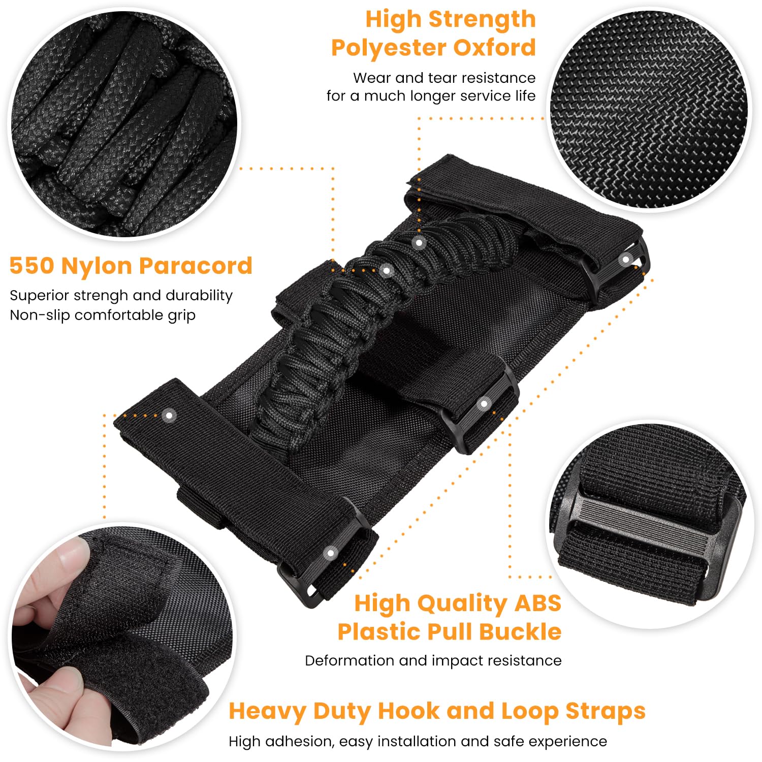 E-Cowlboy 4 X Roll Bar Grab Handles Grip Handle For Jeep Wrangler Yj Tj Jk Jku Jl Jlu Sports Sahara Freedom Rubicon Unlimited X Gladiator Jt 1955-2023 Utv Atv Premium Paracord (Black)