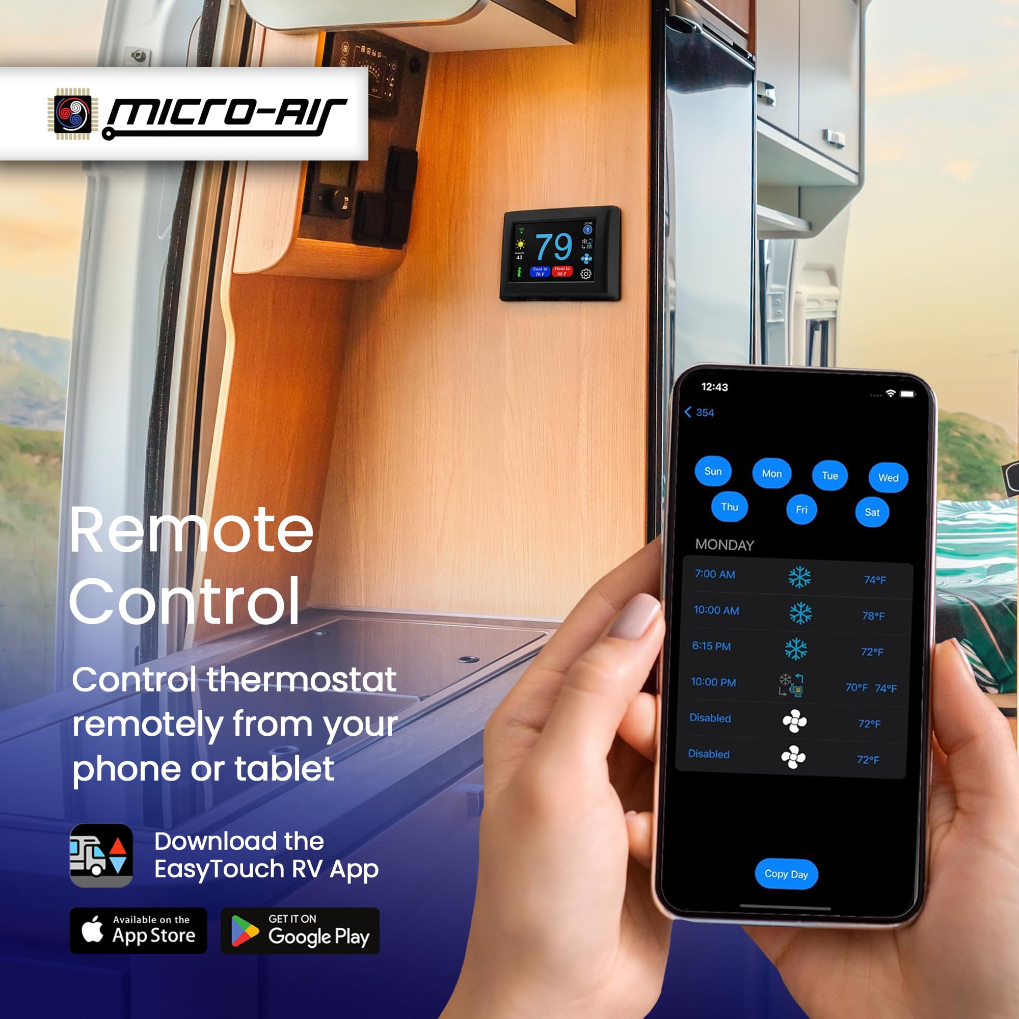 MICRO-AIR EasyTouch Digital RV Thermostat - WiFi/Bluetooth, Programmable, Model 6636-345, 356 Black, Compatible with Coleman RV Comfort