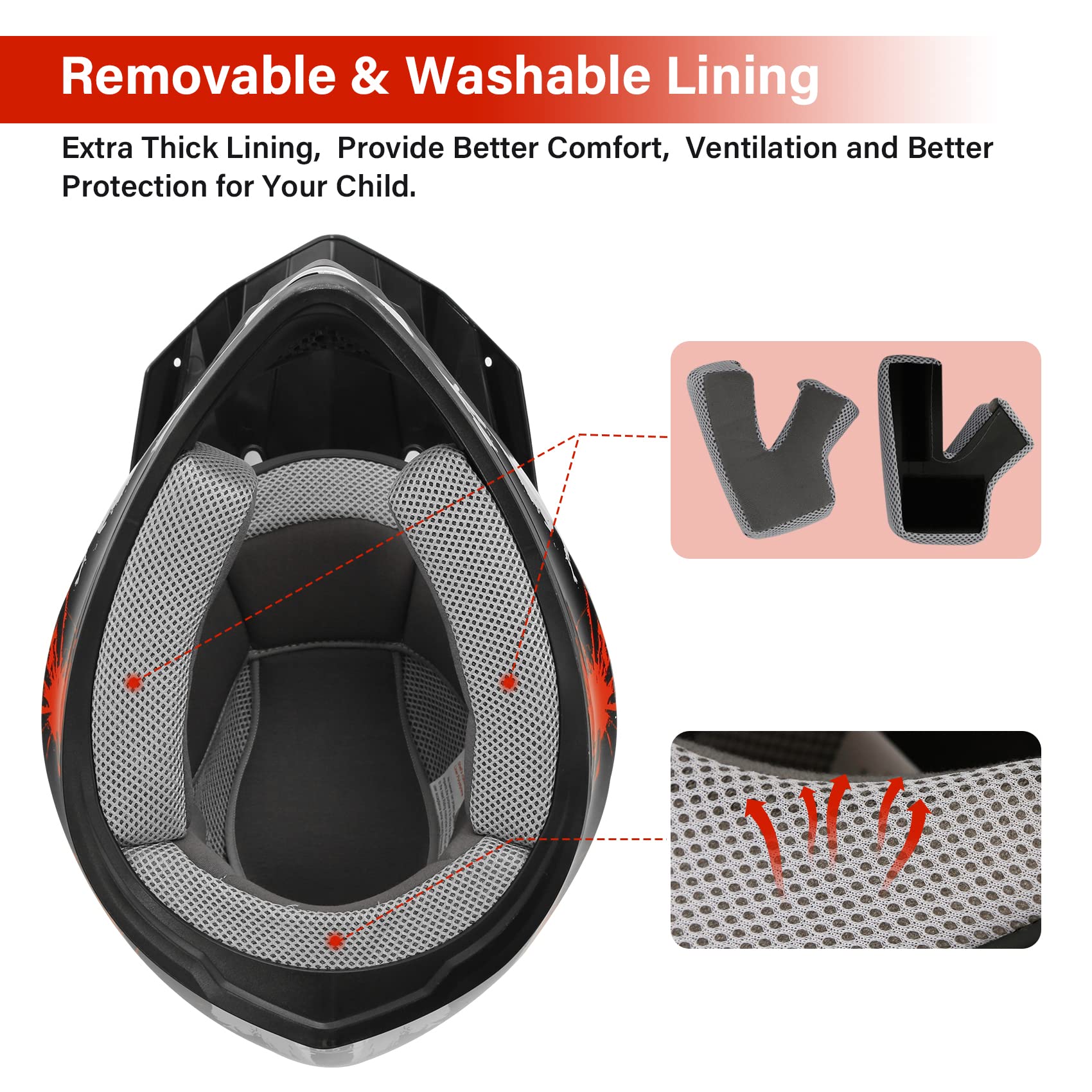 Xfmt Dot Youth Kids Motocross Offroad Street Dirt Bike Helmet Goggles Gloves Atv Mx Helmet, Black Red Firework