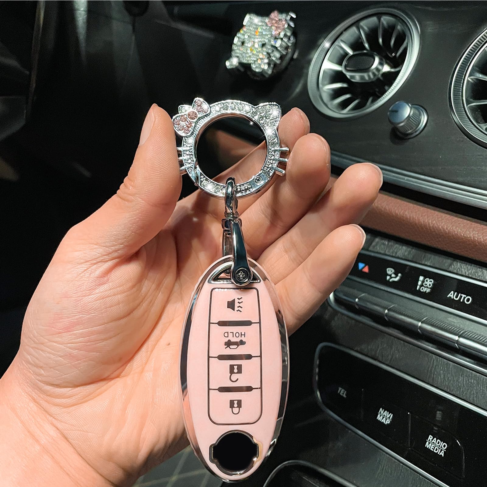 Pangpai Pink Nissan Key Fob Cover Set - 3 Pcs for 4 Buttons, Cute Bling Keychain, Fits Nissan A-4