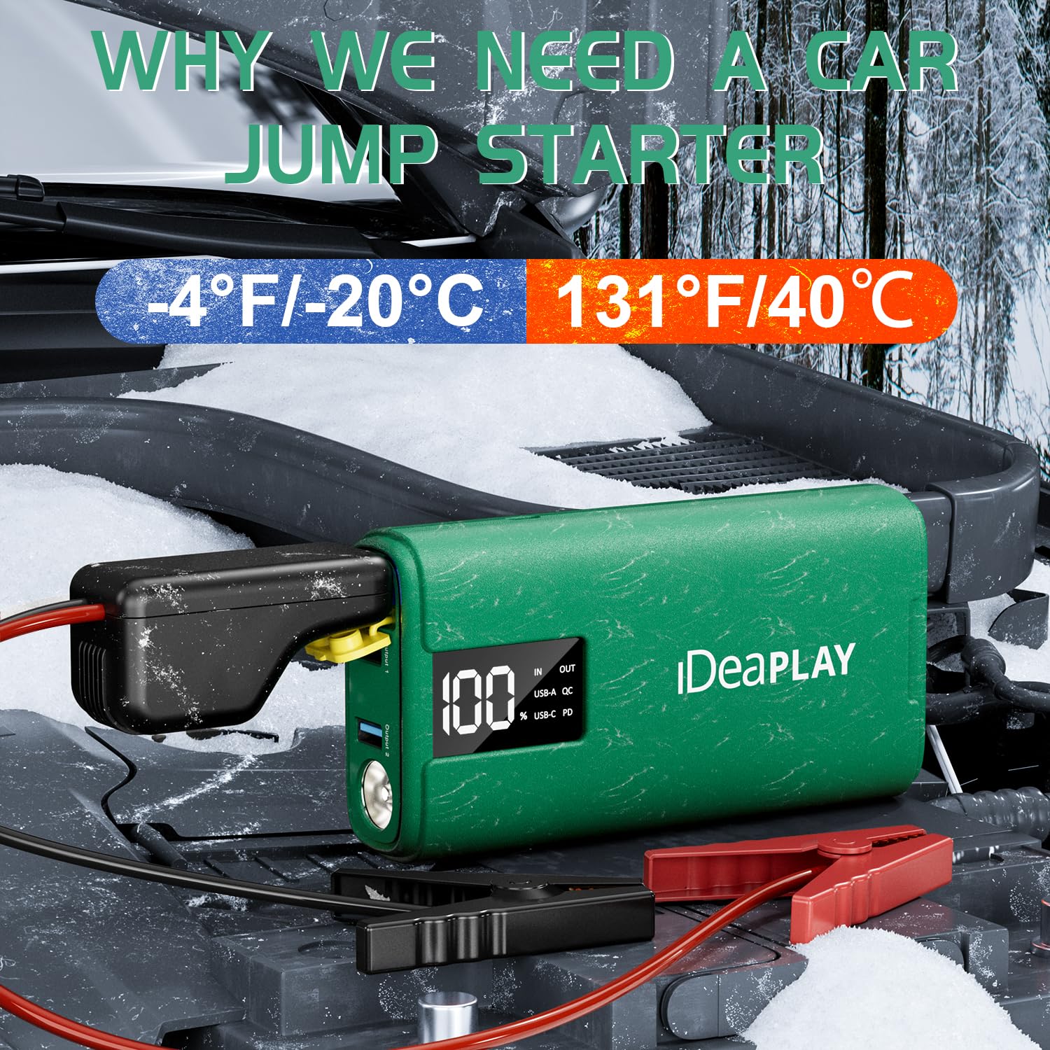 IDEAPLAY J10 Jump Starter - 2000A Portable Car Battery Jumper for 8.0L Gas & 7.0L Diesel Engines, Green, Type C Fast Charging, LED