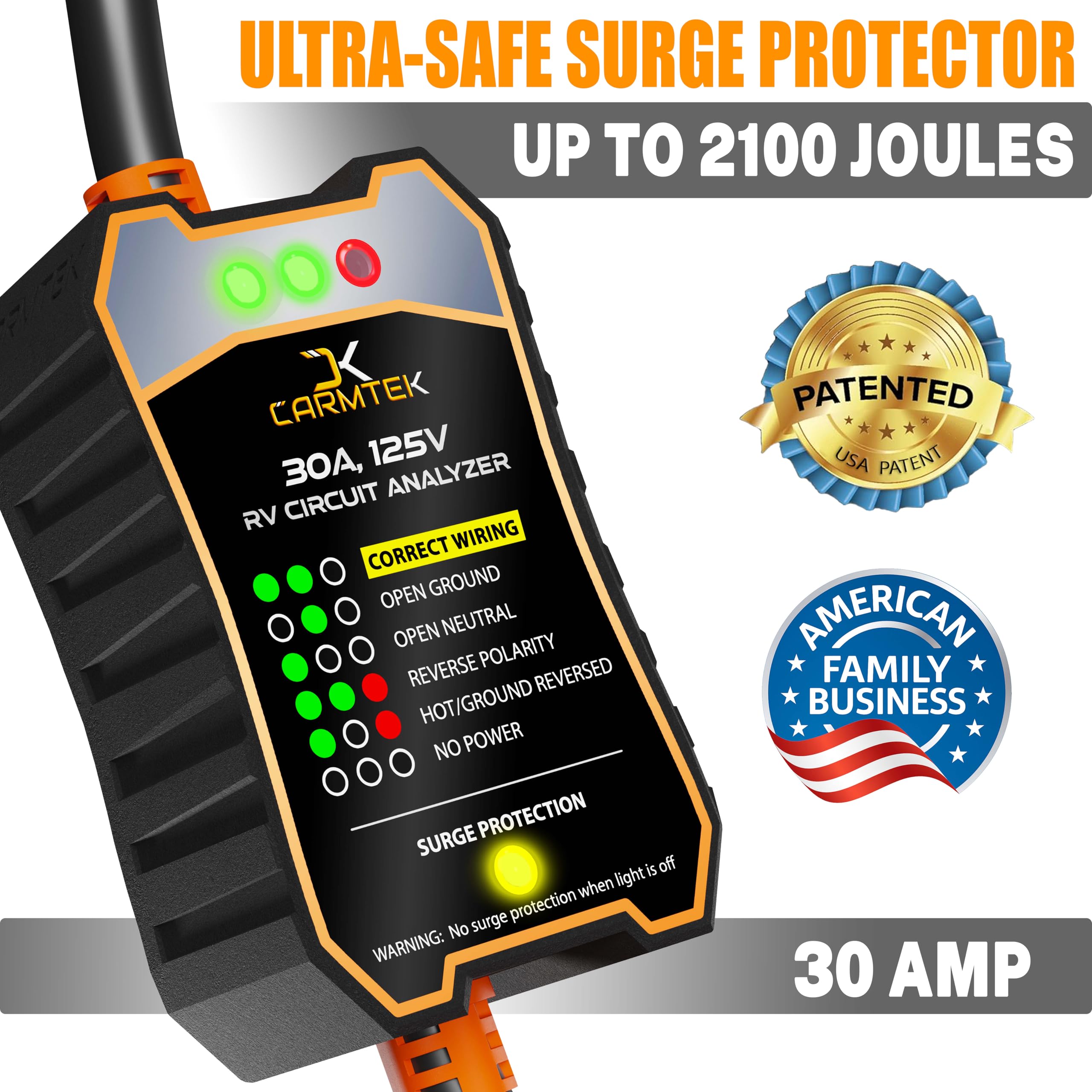 CARMTEK RV Surge Protector 30 Amp - Smart Circuit Analyzer with Integrated Surge Protection and Grip Handles