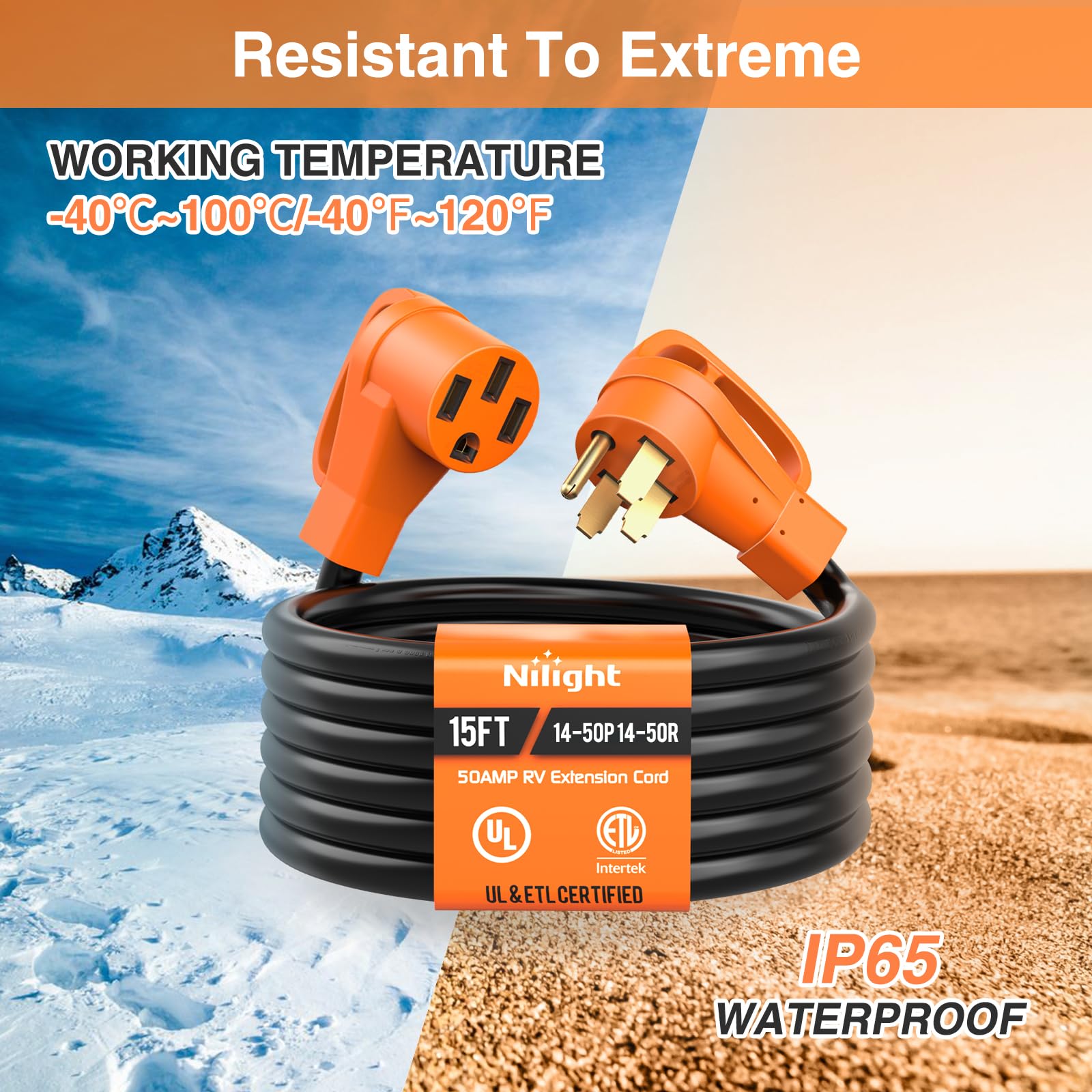 Nilight 15Ft 50 Amp Rv Extension Cord With Adapter 15Amp To 50Amp 250V Heavy Duty 6/3+8/1 Gauge Pure Copper Stw Wire Ul Etl List