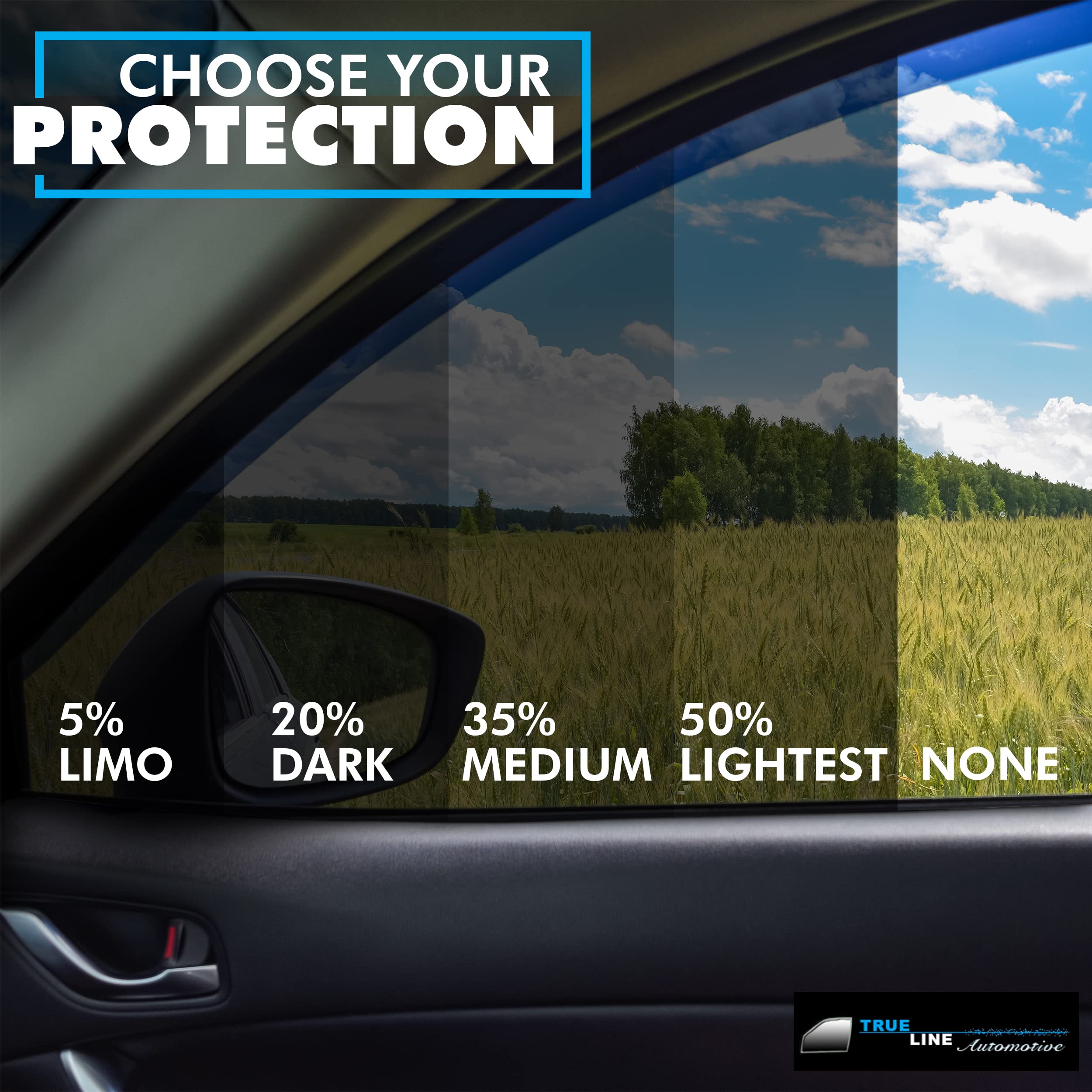 TRUE LINE Automotive DIY Car Window Tinting Kit - Custom Shades 5%-50% - Precut Black Tint Blocks 99% UV Rays for All Windows