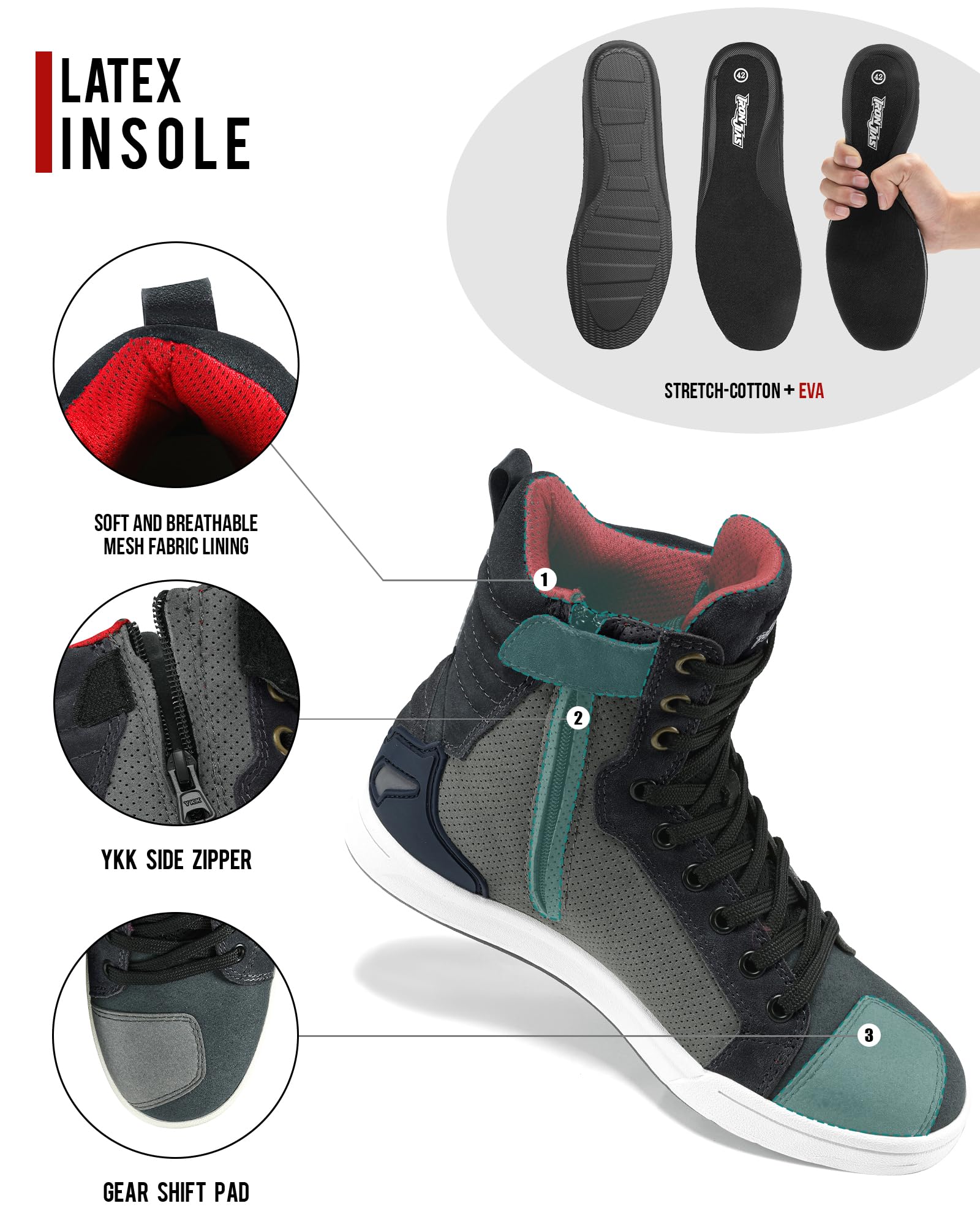 BORLENI Motorcycle Boots - Anti-Slip Street Riding Shoes, Size 8, Grey, Model XZ002