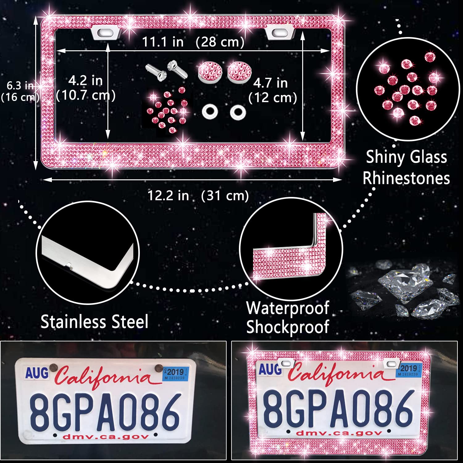NBTEPEM 27-Piece Bling Car Accessories Set - Pink Diamond, Rhinestones, Universal Fit, Includes Steering Wheel Covers & More