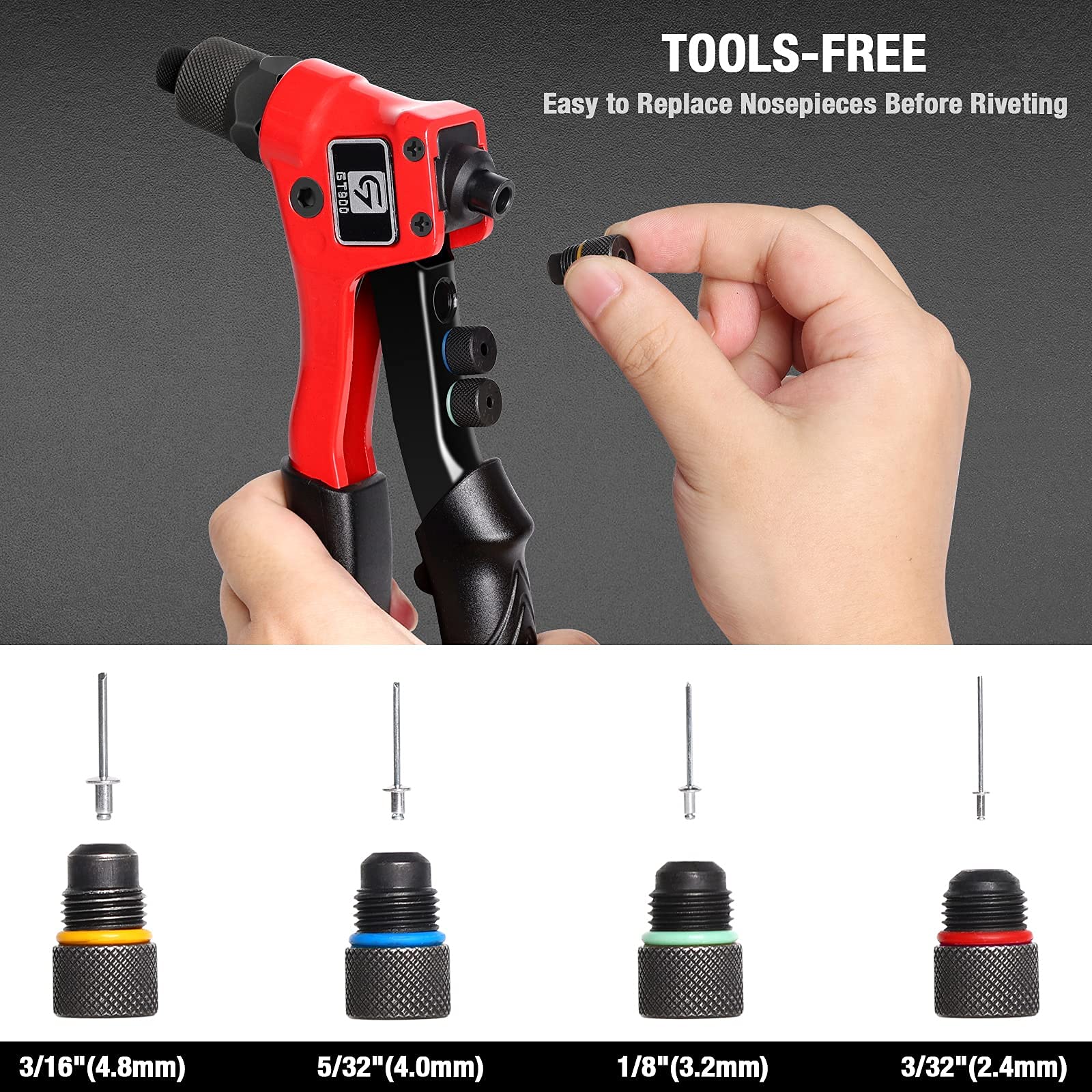 Rivet Gun, Giantisan Pop Rivet Tool Kit With 200 Rivets And 4 Drill Bits, Manual Hand Riveter Kit With Rugged Carrying Case