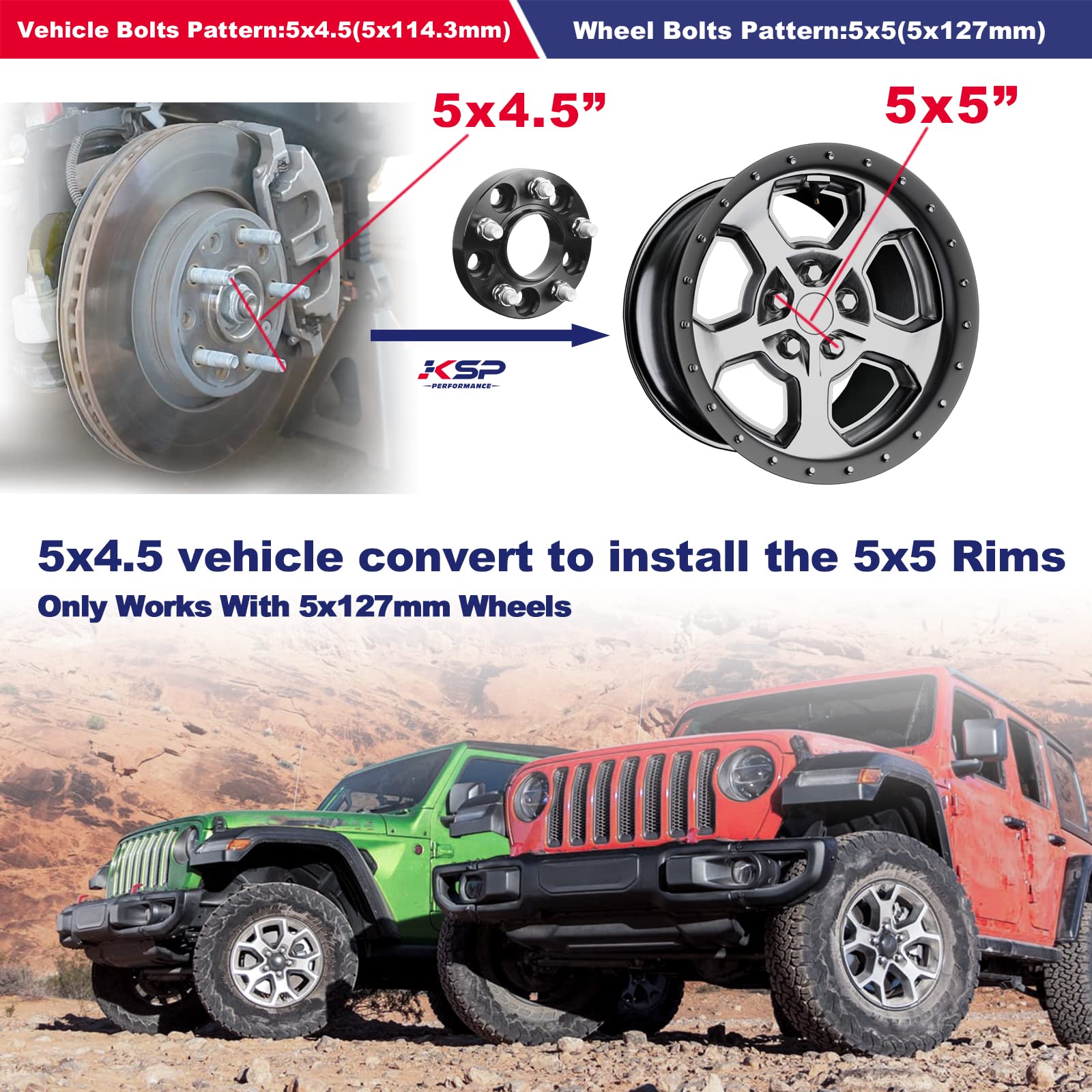KSP 5x4.5 to 5x5 Wheel Adapters for JK JKU WK WJ XK Wheels on TJ YJ KK SJ XJ MJ KJ ZJ Vehicles, 1.25'' 5x114.3mm to 5x127mm Forg