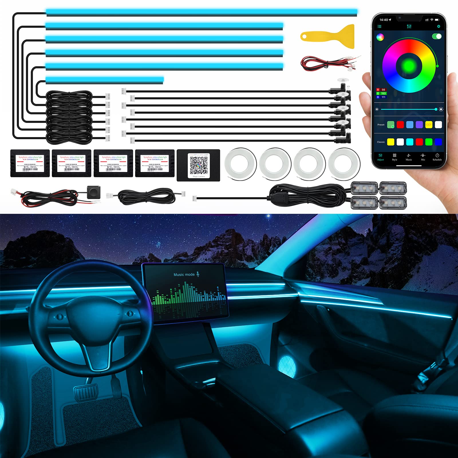 Acrylic Interior Car Led Strip Light With Wireless App, Rgb 22 In 1 With 175 Inches 593 Leds Fiber Optic Ambient Lighting Kits,