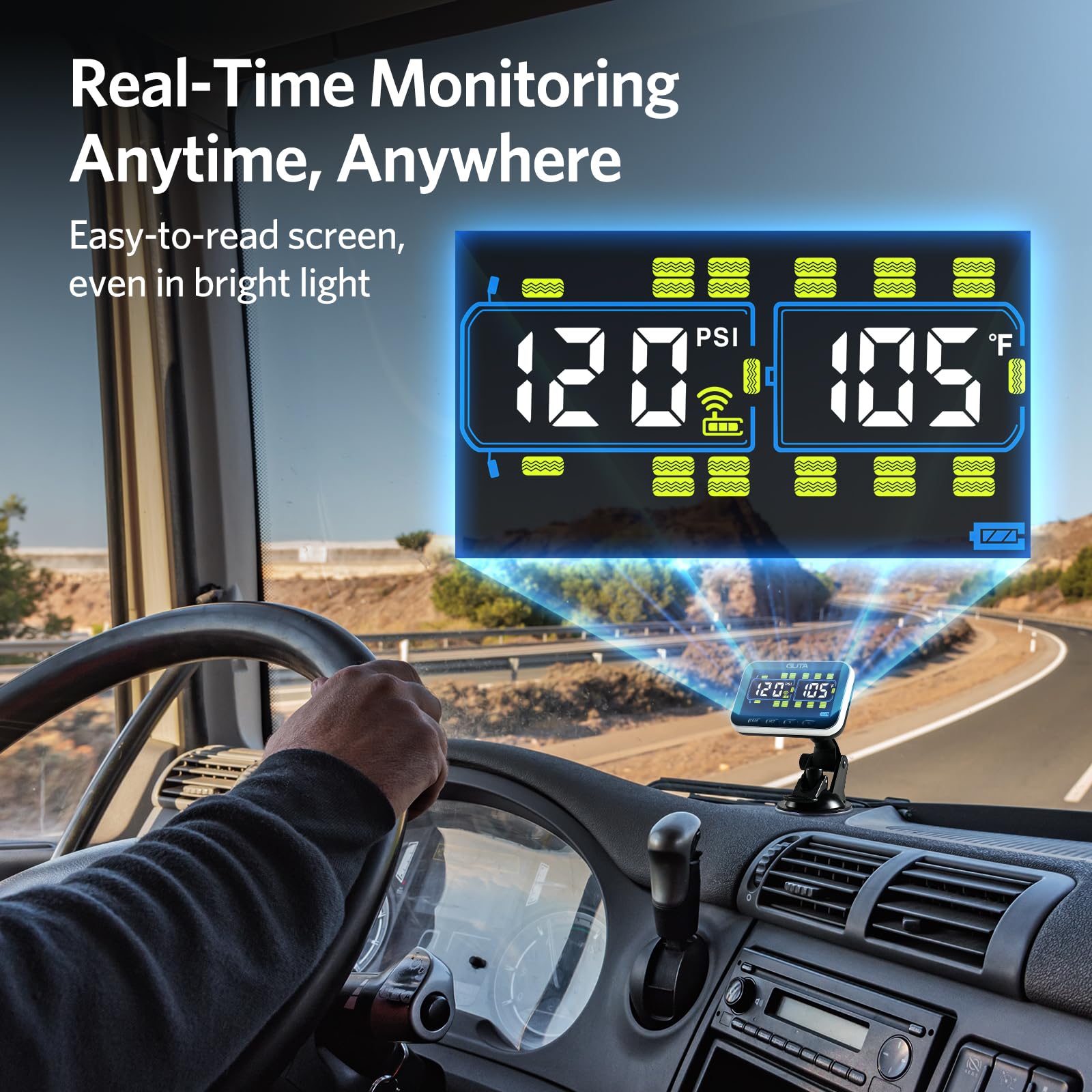 GUTA Trailer Tire Pressure Monitoring System, RV Tire Pressure Monitor with 4 Sensors, 6 Alert Modes, Power Saving Mode, Large C