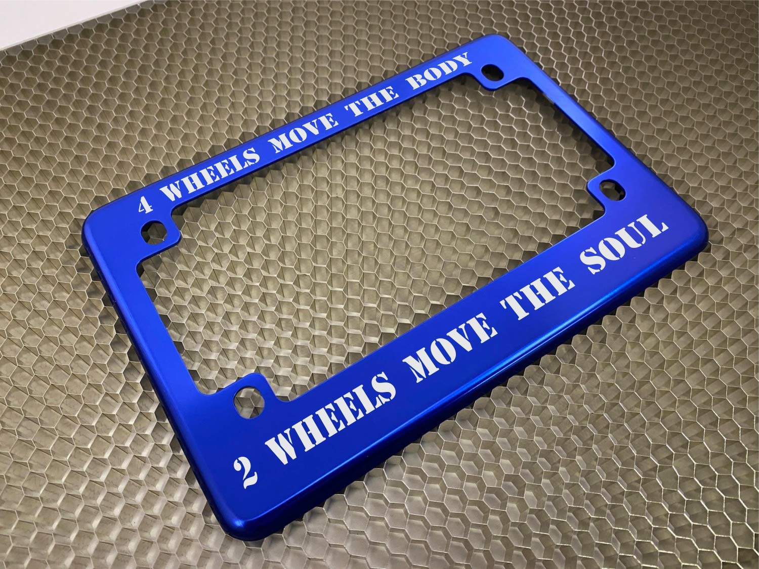 Motorcycle Personalized With Custom Text Design - Anodized Aluminum Laser Etched Standard Size License Plate Frame - Blue