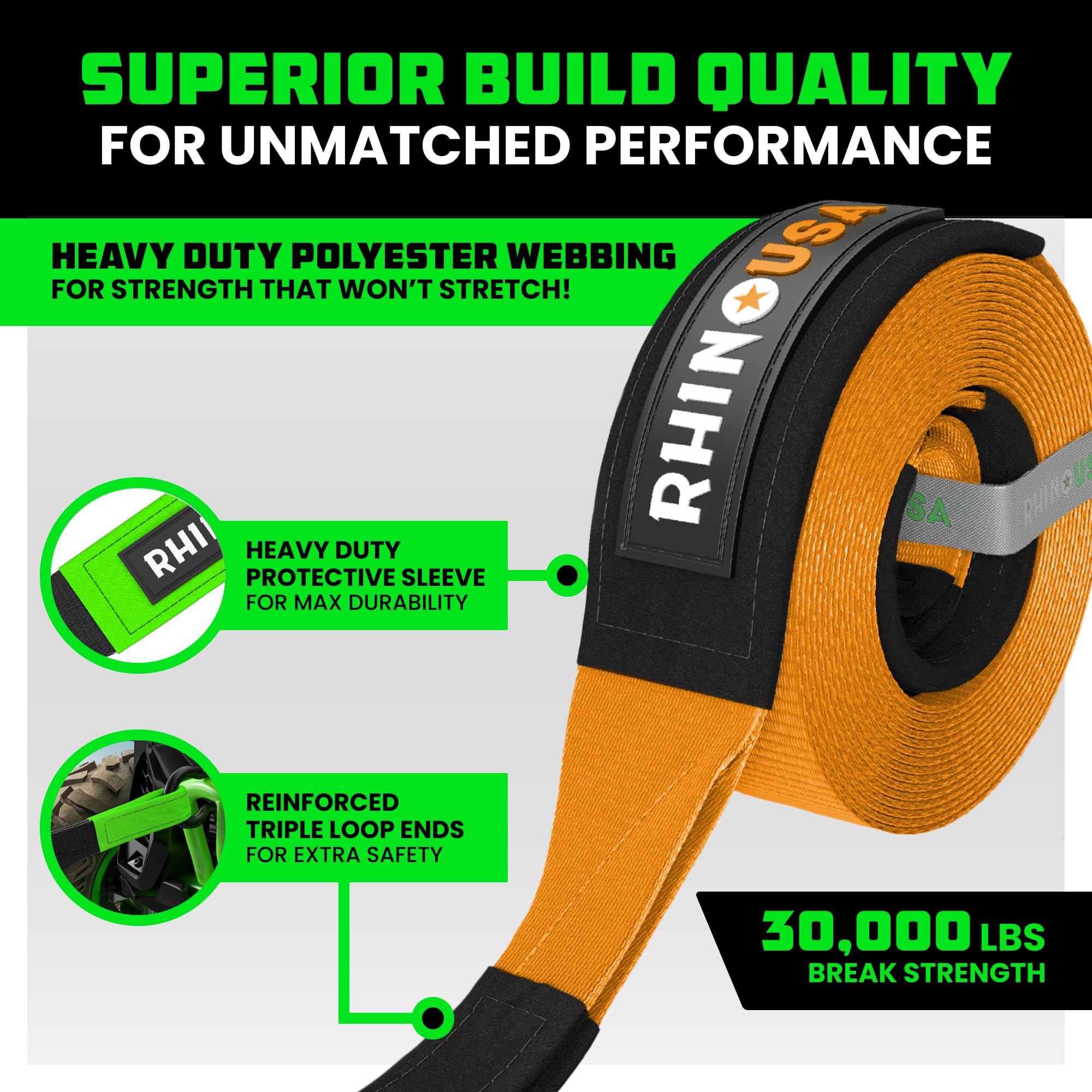 Rhino Usa Recovery Tow Strap (4''X30') - 40,320Lb Break Strength - Emergency Recovery Strap Tow Rope For Diesel Trucks, Backhoe,
