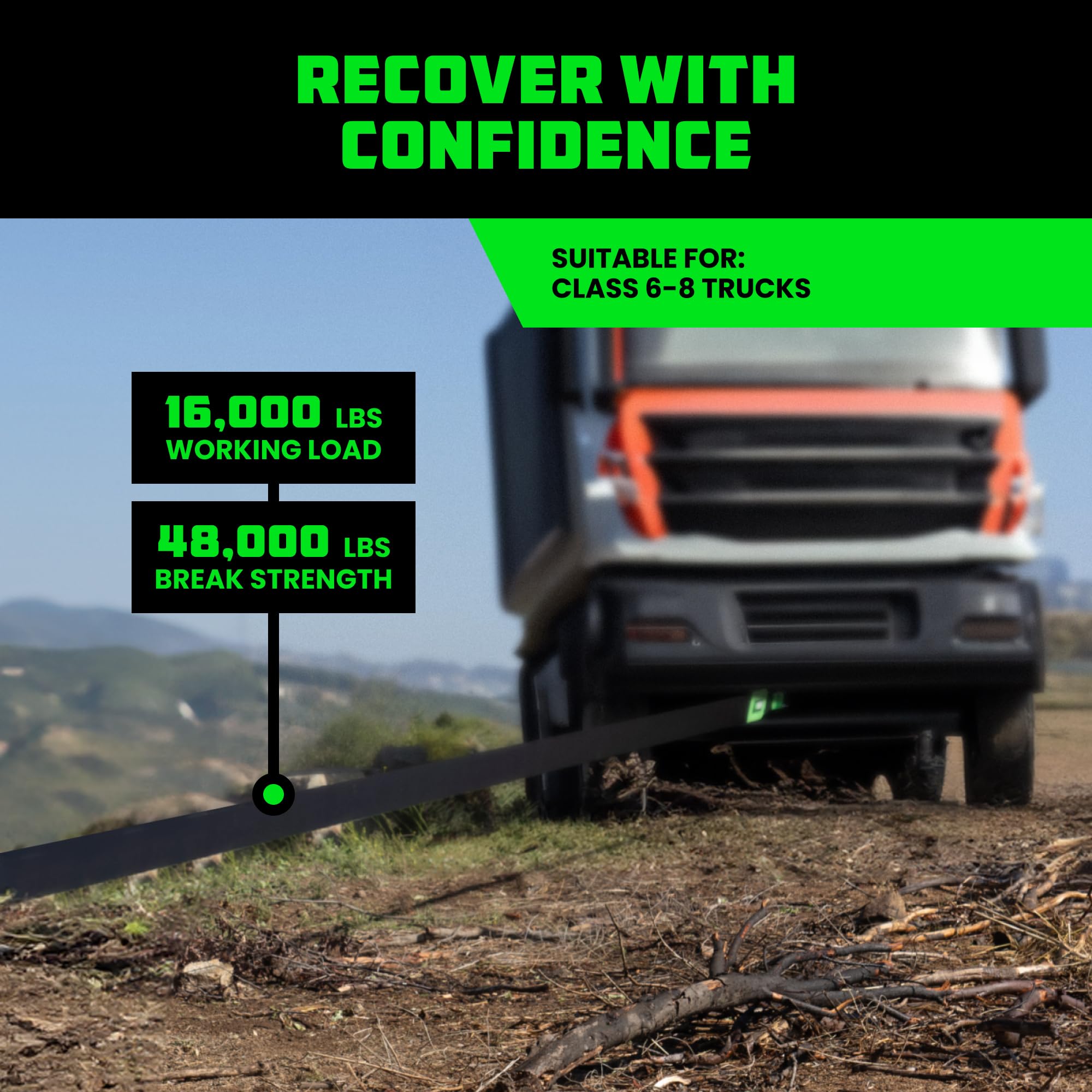 Rhino Usa Recovery Tow Strap (6'' X 30') - 48,000Lb Break Strength - Emergency Recovery Strap Tow Rope For Big Trucks, Suv, Back