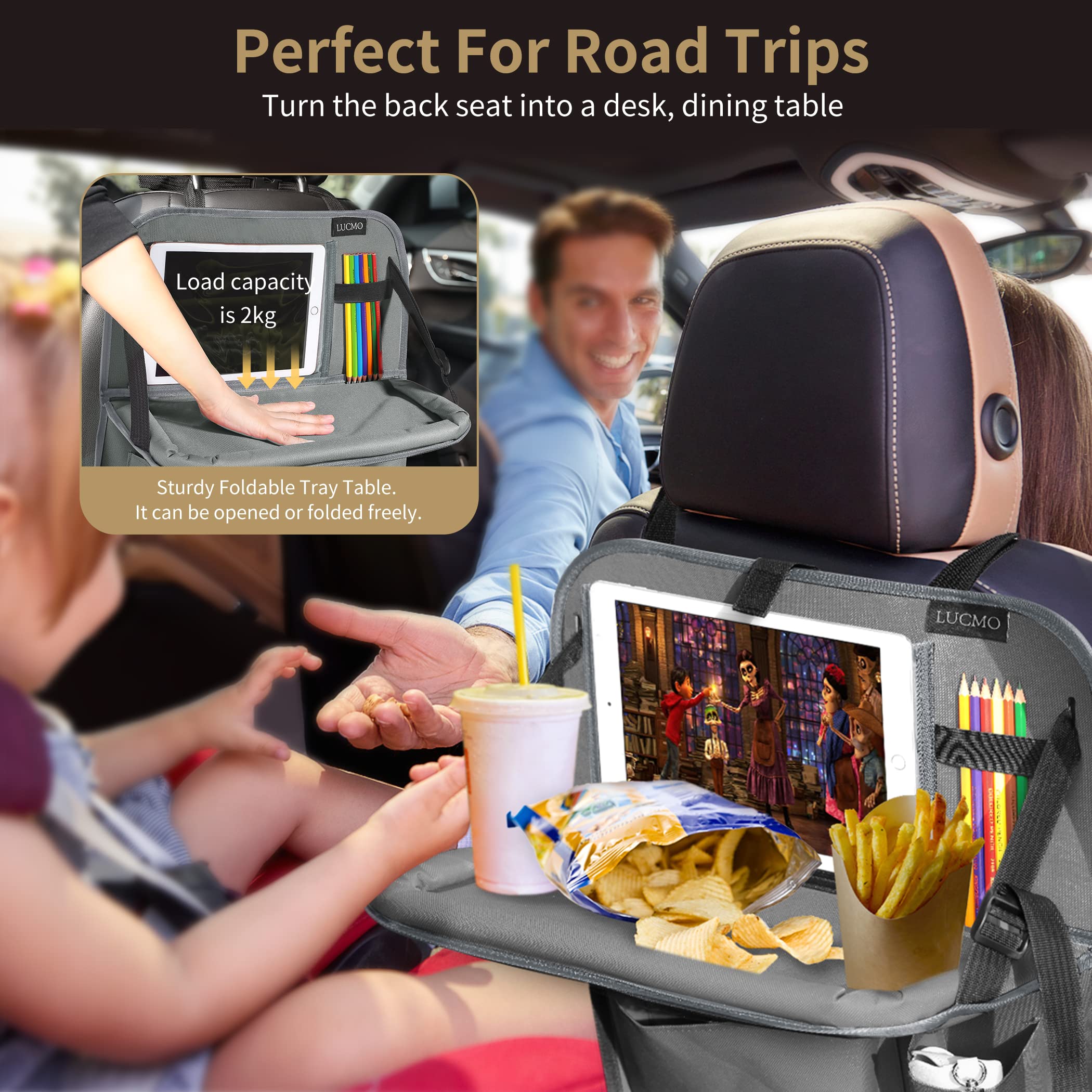 LUCMO Car Backseat Organizer with Tablet Holder & Food Tray, 6 Pockets, Grey, Model LCS-GRT3P, Durable Polyester Travel Accessory