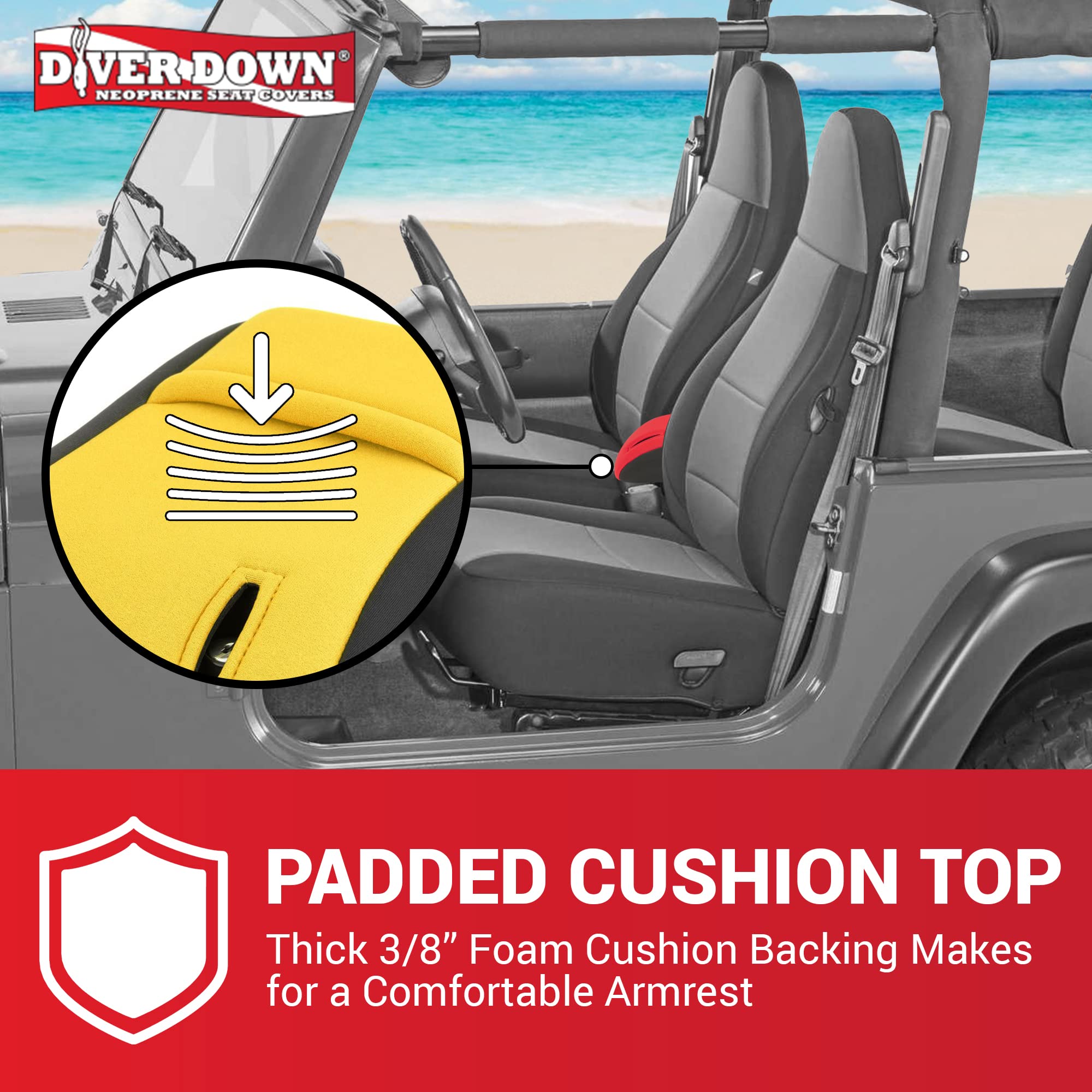 Diver Down Neoprene Center Console Cover - Fits Jeep 1997-2006 Tj Wrangler - Cushioned Armrest Cover - Doesn'T Burn Your Elbow - Tight Custom Fit - Comfortable Foam Armrest Pad (97-00 Red)