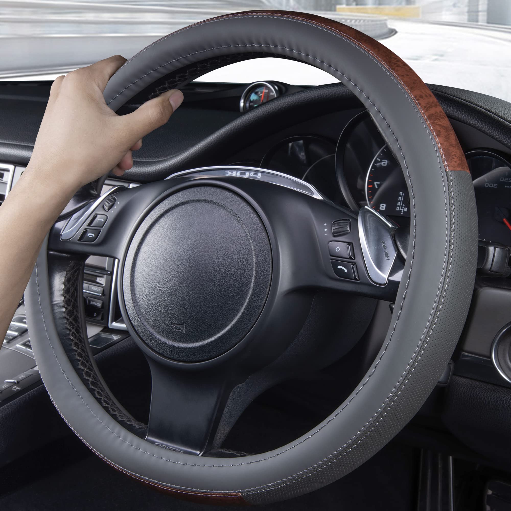 Car Pass Wood Grain Microfiber Leather Steering Wheel Cover, Universal Fit For 14 1/2-15 Inch Gray Steering Wheel, Anti-Slip Vei