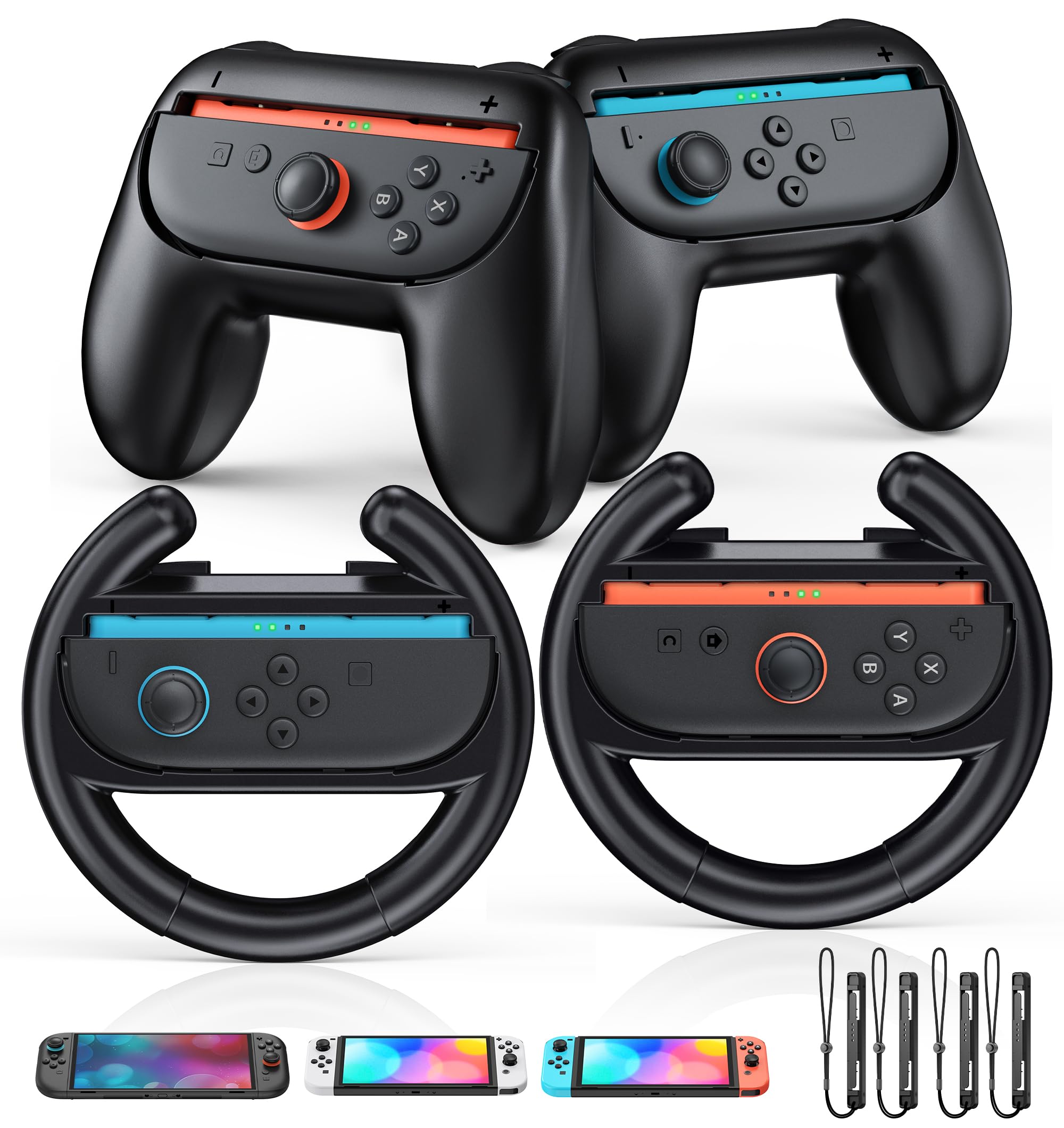 [Switch 1/2 Compatible] Hand Grips and Ergonomic Racing Wheel Handle for Joy Cons Controller, Family Sports Party Pack Accessori