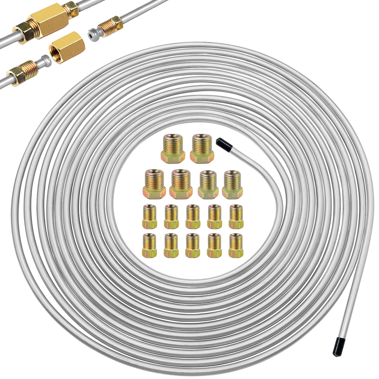 Eoppen 3/16inch x 25 ft Brake Line Tubing Kit Flexible Zinc Coated Alloy Brake Line Tubing Coil with 16 Inverted Flare Fittings 