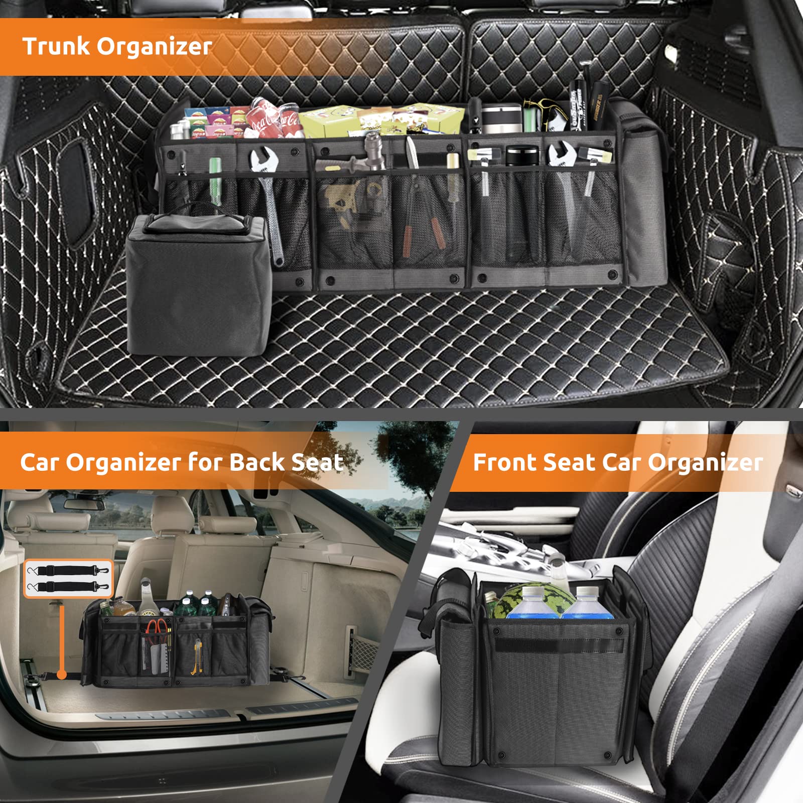 EAROND Car Trunk Organizer with Cooler Bag, Foldable, Adjustable Straps, Grey, Collapsible for SUV, Truck, and Other Vehicles