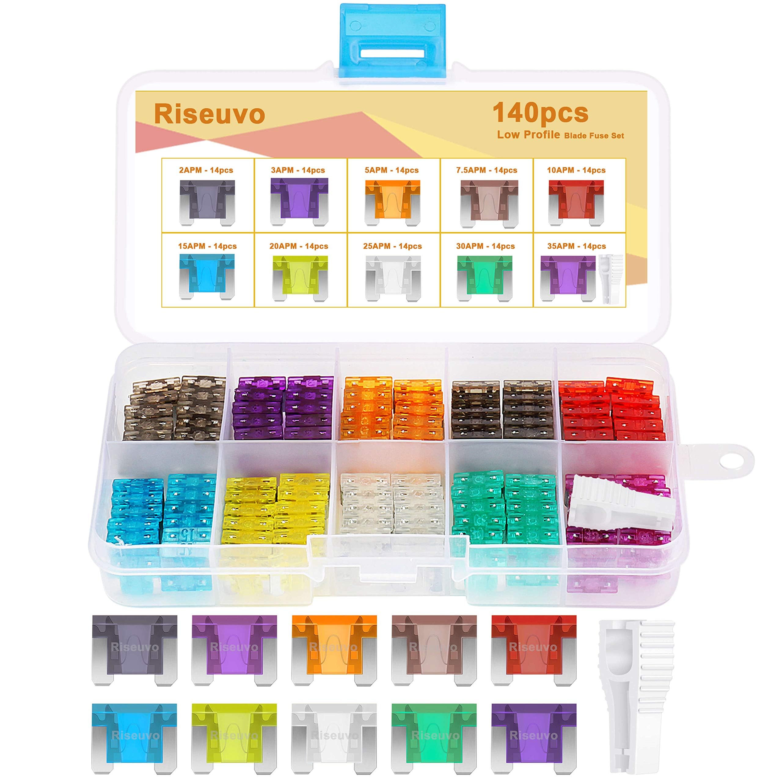 140Pcs Low Profile Mini Blade Fuses - Riseuvo Car Automotive Low Profile Fuses With Puller Tool (2 3 5 7.5 10 15 20 25 30 35 Amp