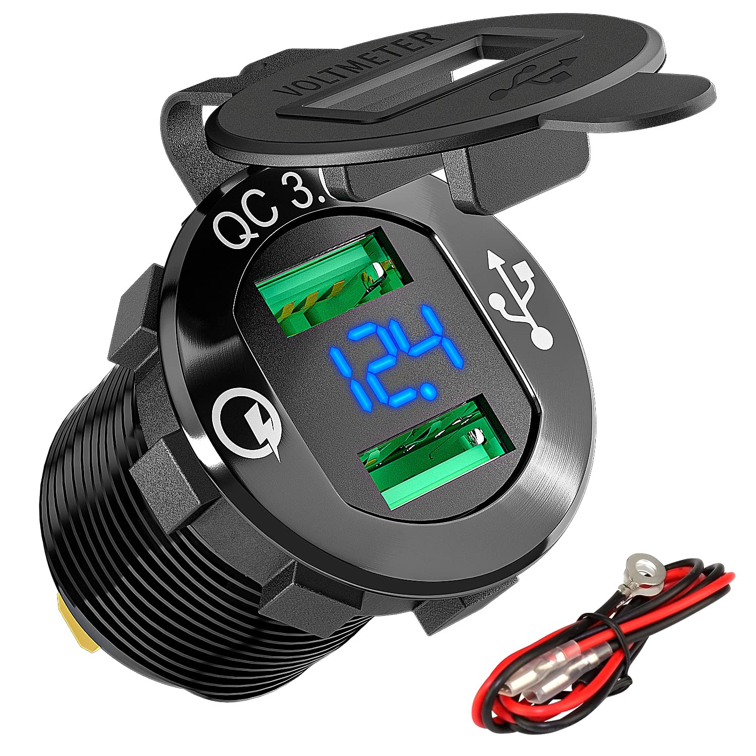 Daiertek Quick Charge 3.0 Usb Charger Socket Car Aluminum Waterproof Dual Power Outlet Fast Charger With Blue Led Voltmeter & Wire 10A Fuse For 12Vdc/24Vdc Automotive Boat Marine Atv Truck