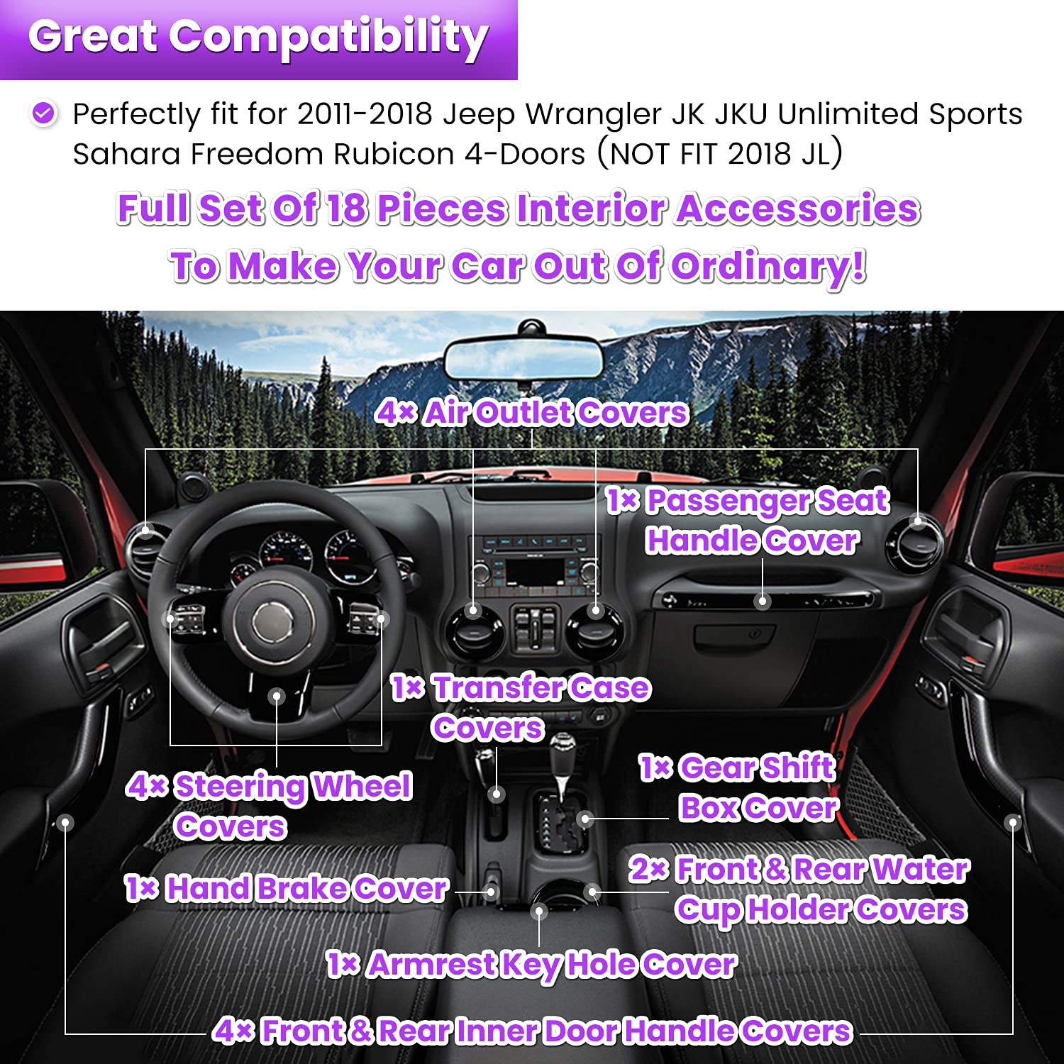 E-Cowlboy 18 Pcs Full Set Interior Decoration Trim Kit Steering Wheel Center Console Door Handle Air Conditioning Vent Cup Holde
