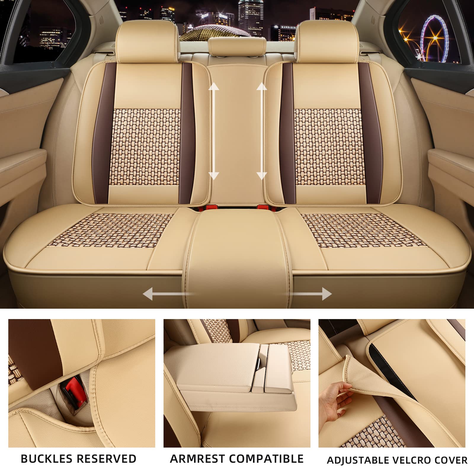 FREESOO Leather Car Seat Covers Full Set, Breathable Padded, A-Khaki Brown, Model 01QCZD, Universal Fit for Sedans, SUVs, and Trucks
