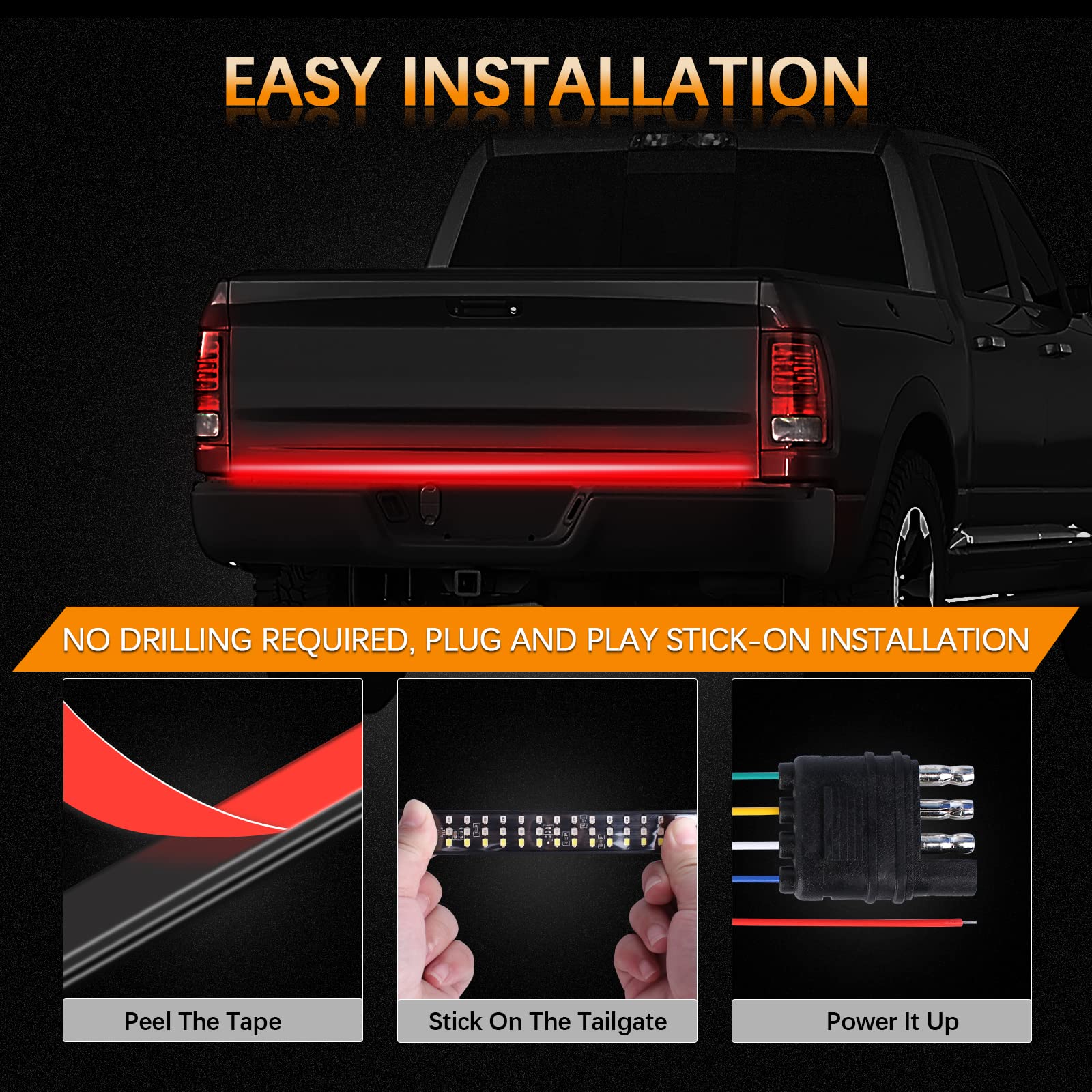 Amexmart 48''/49'' Tailgate Light Bar Triple Row Led Tailgate Light Strip With Red Running Brake Lights White Reverse Amber Turn