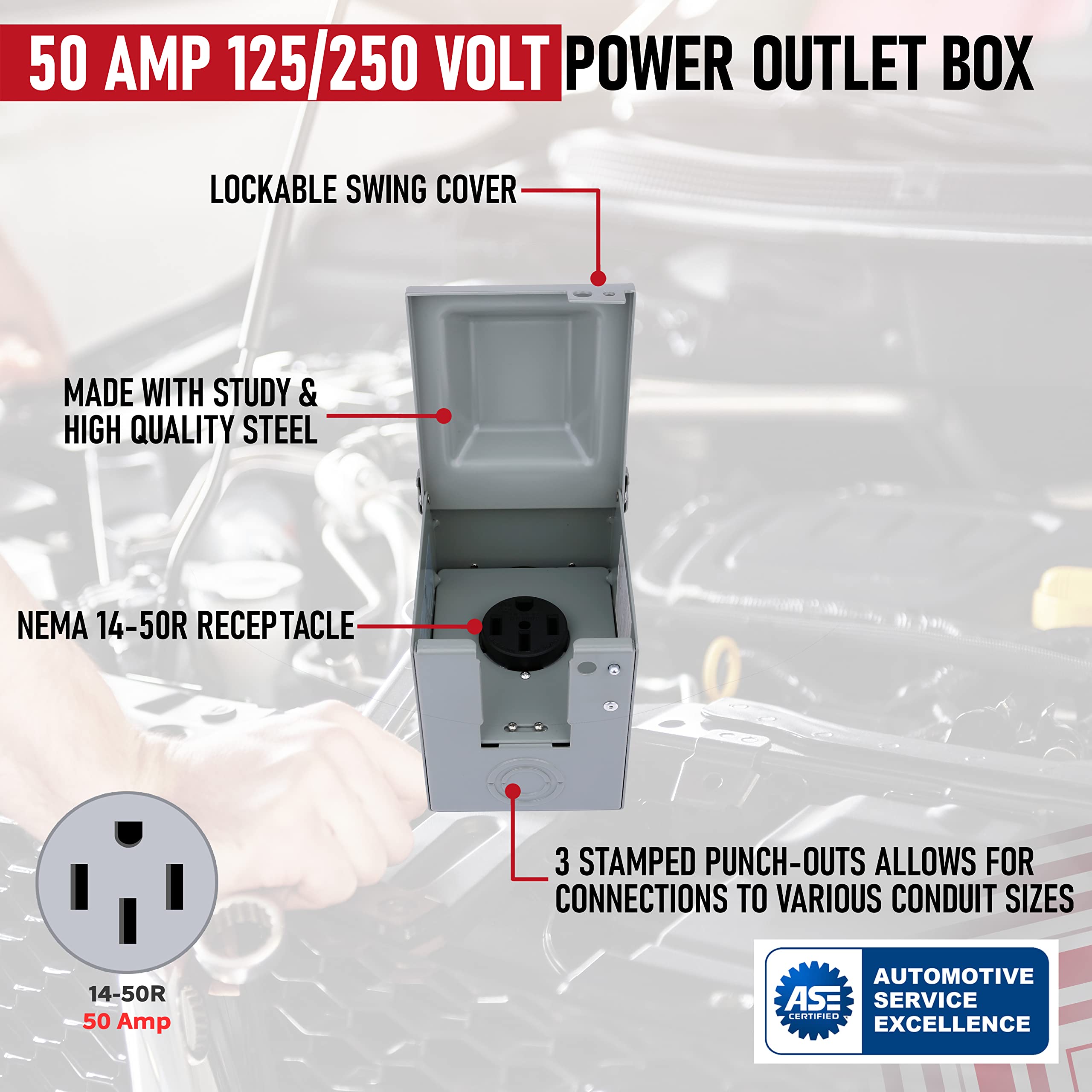 50 Amp 125/250 Volt Power Outlet Box, Enclosed Lockable - For Rv, Campers, Motorhome, Travel Trailer, Electric Cars, Generator -