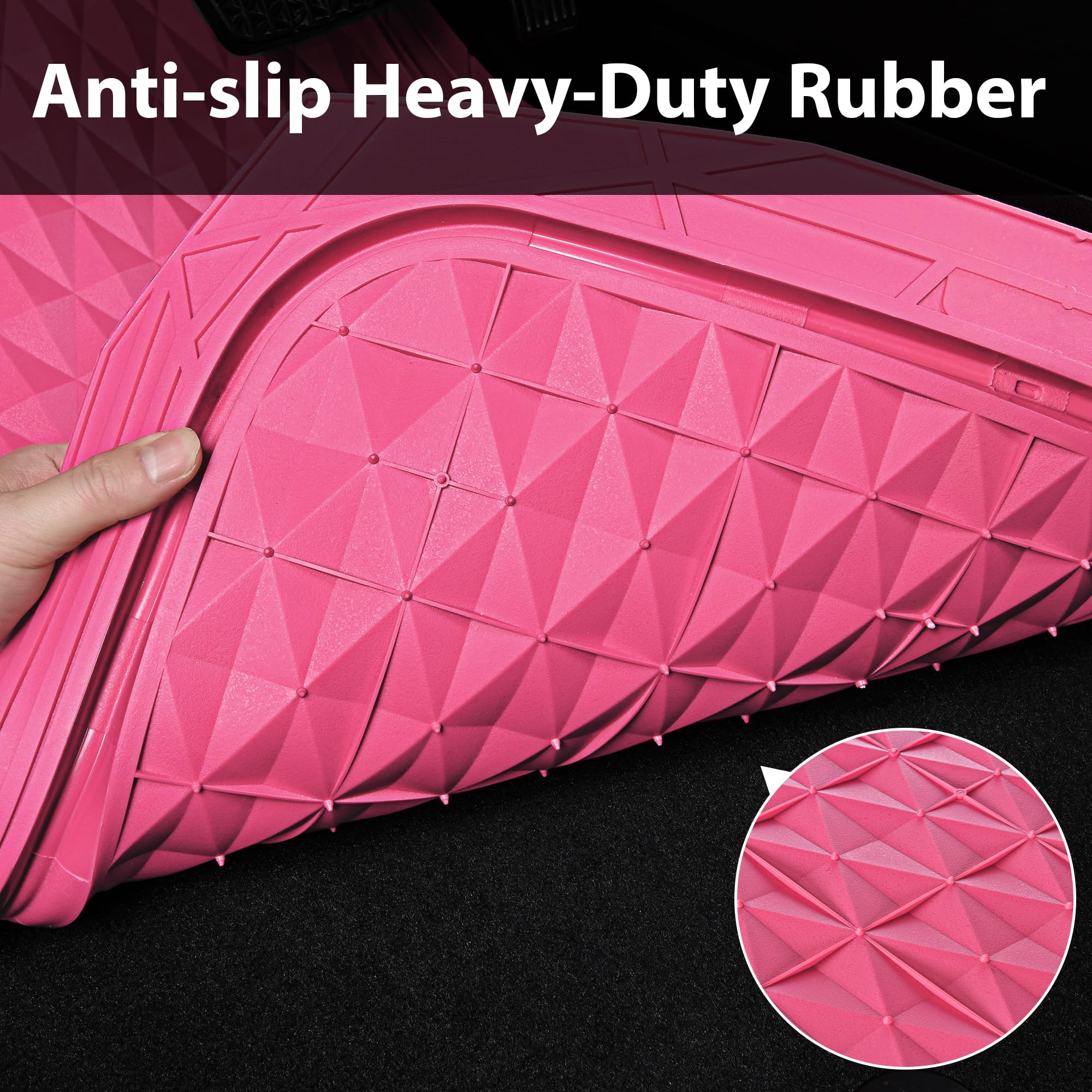CAR PASS Heavy Duty Rubber Pink Car Floor Mats, Deep Dish All-Weather Full Set Durable Anti-Slip 3D Rhombus Waterproof Trim to F